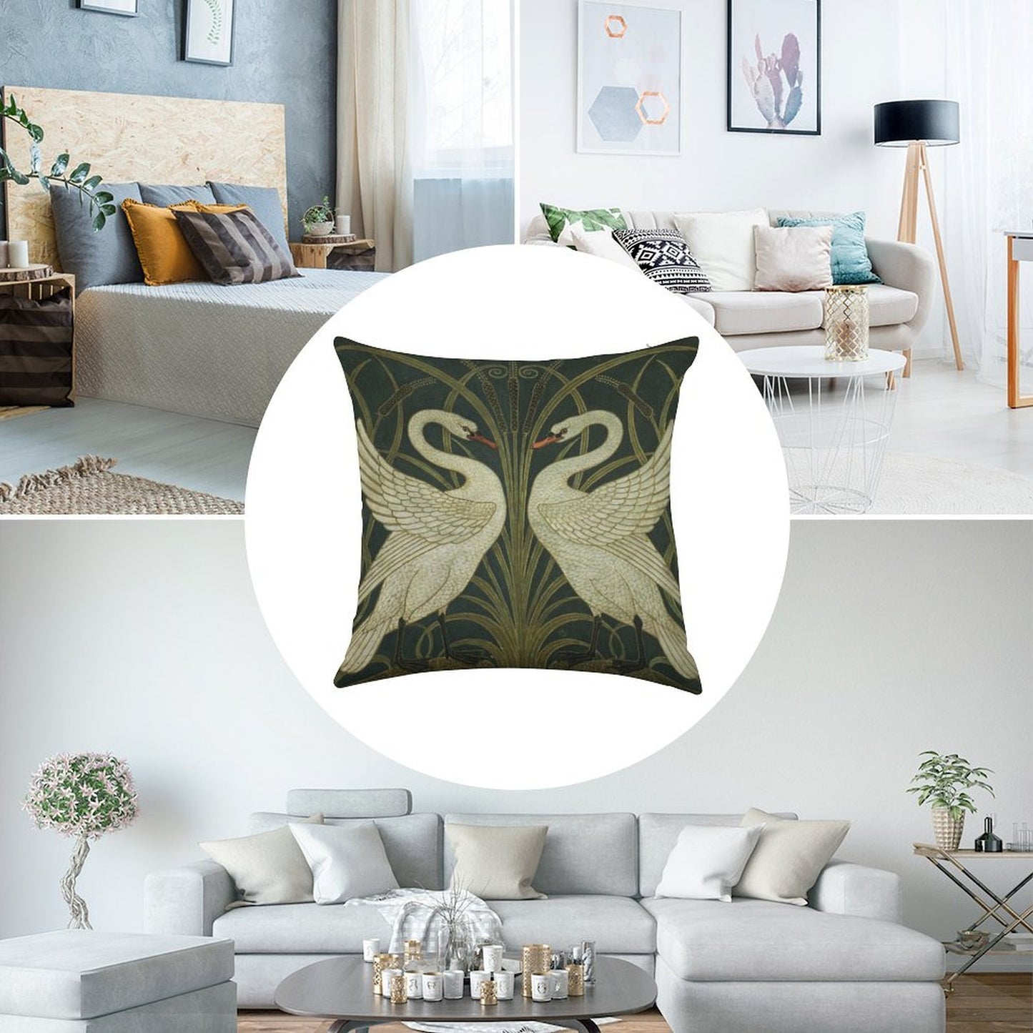 Art Deco - Swan, Rush, And Iris Linen Throw Pillow Cover