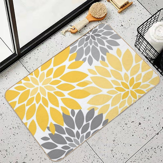 Yellow And Gray Dahlia Floral Pattern Bath Mat