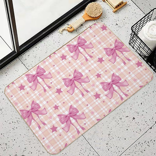 Pink Plaid, Bows And Stars Bath Mat