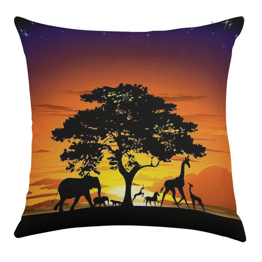 Wild Animals on African Savanna Sunset Linen Throw Pillow Cover