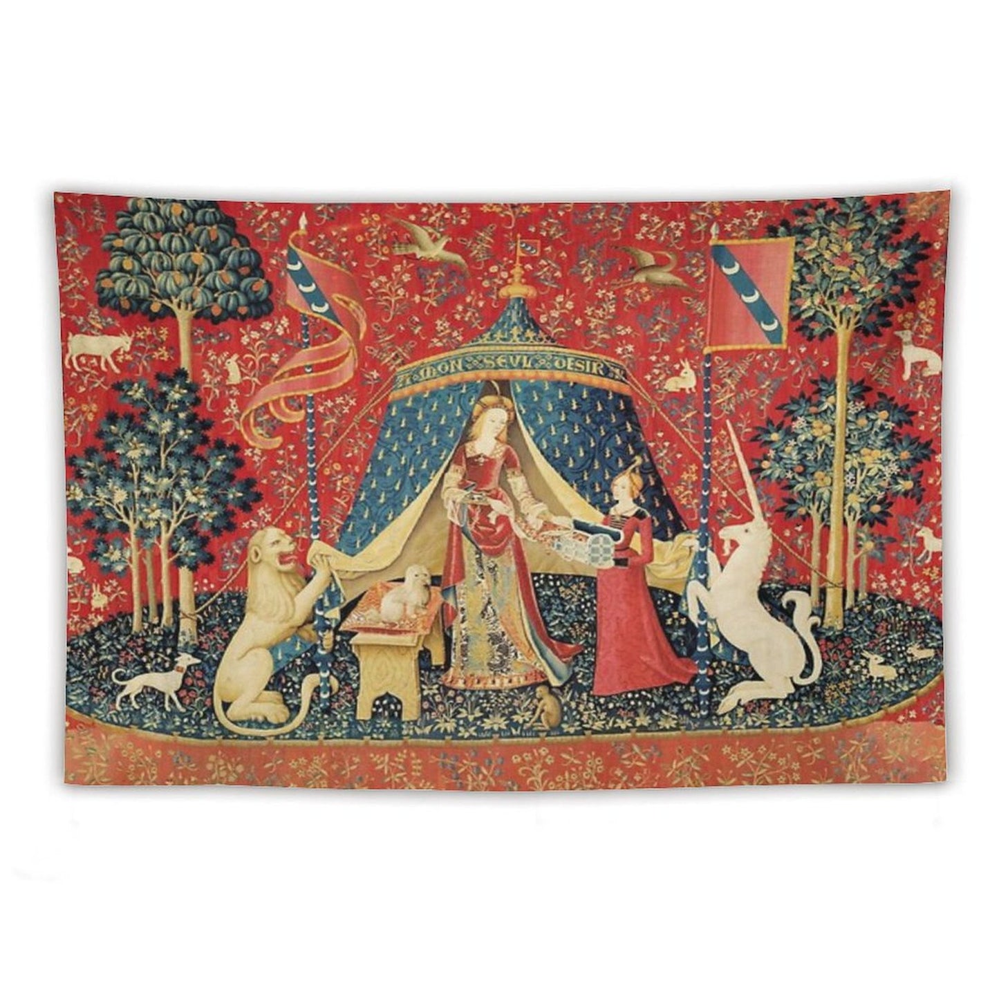 LADY AND THE UNICORN DESIRE ,Lion,Fantasy Flowers,Animals,Red Green Floral Tapestry Tapestry