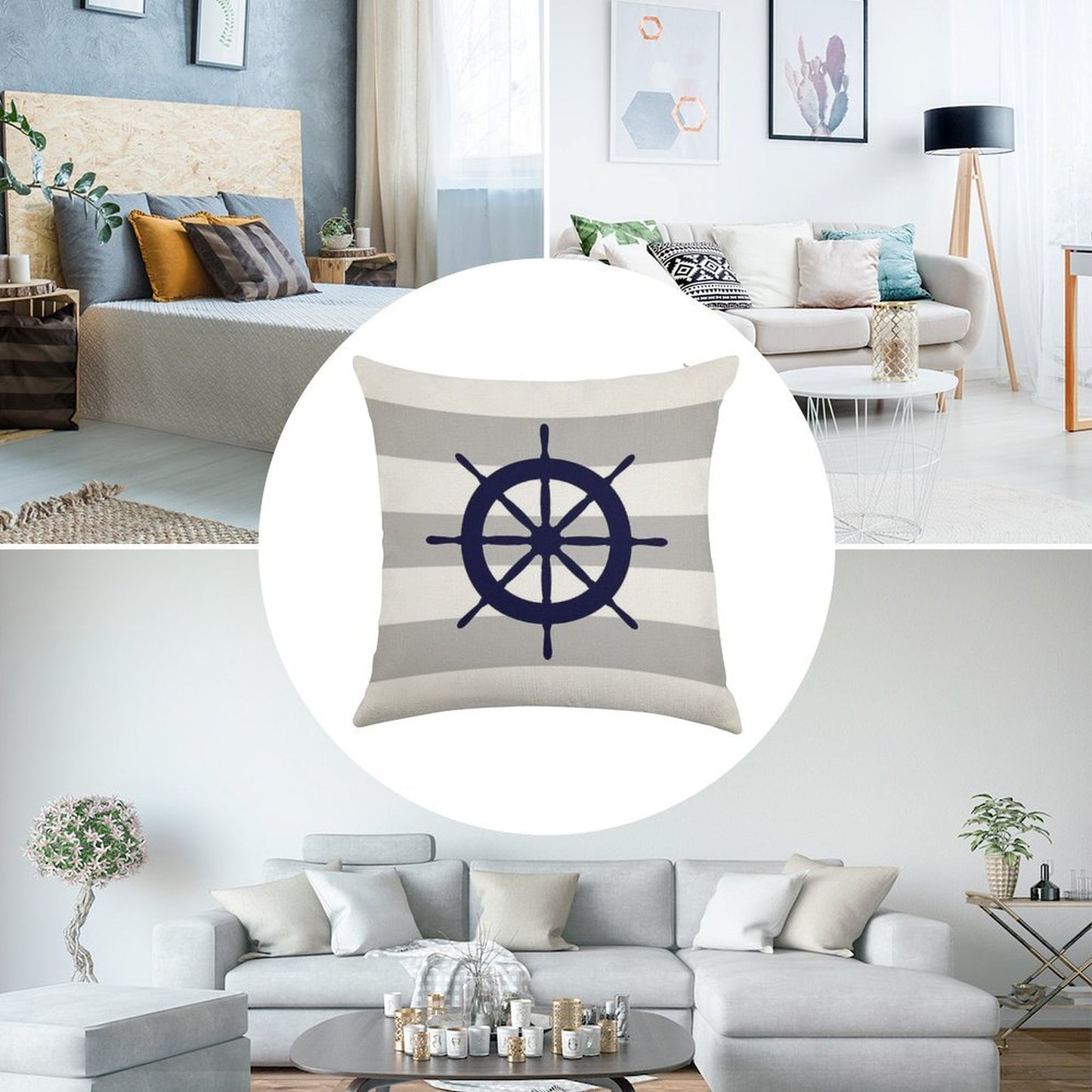 Nautical Navy Blue Ship's Steering Wheel On Silver Gray Stripes Linen Throw Pillow Cover