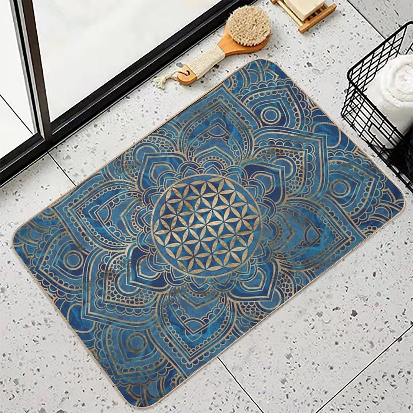 Flower of Life in Lotus Mandala - Blue Marble And Gold Bath Mat