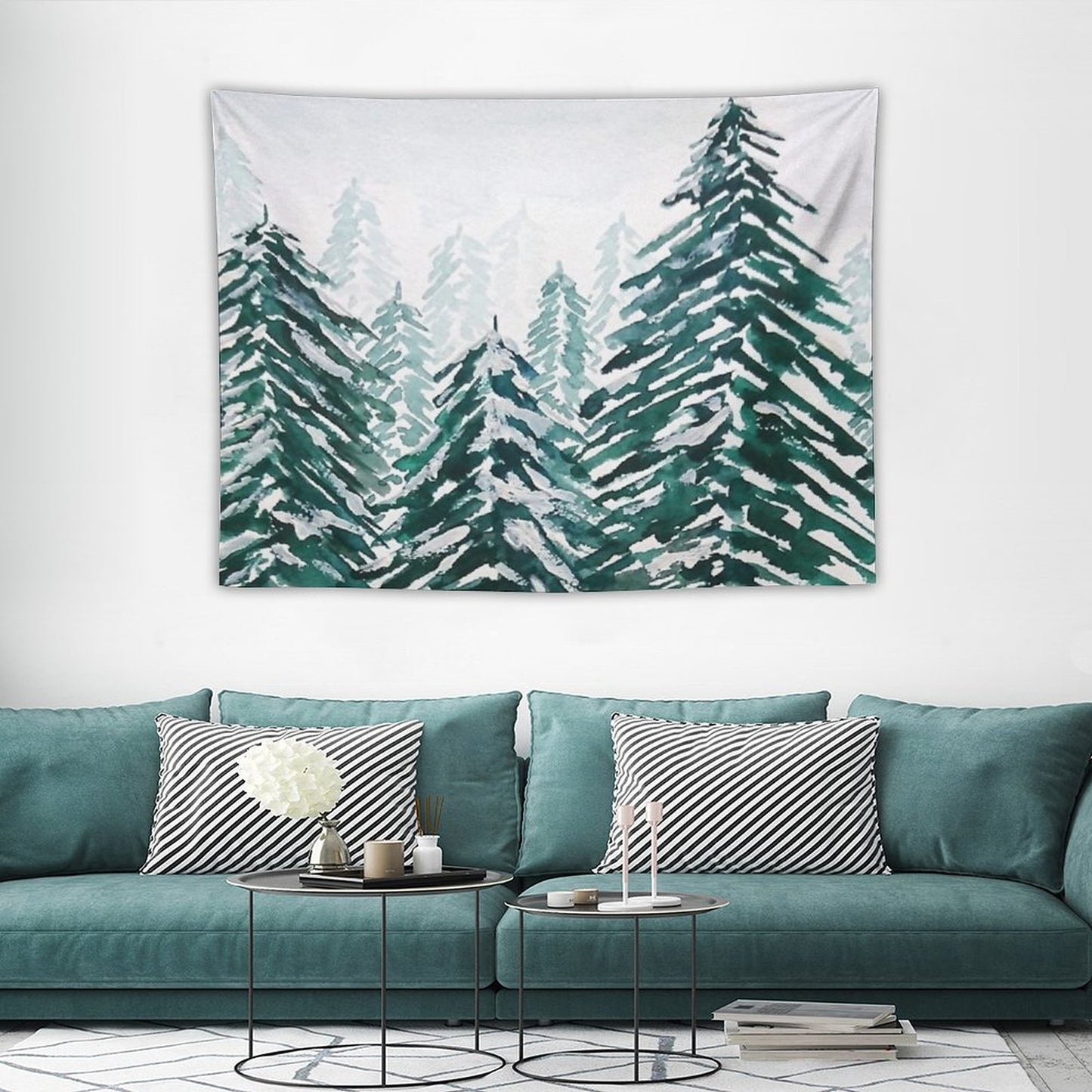 Hand Painted Snowy Pine Forest Green Tapestry