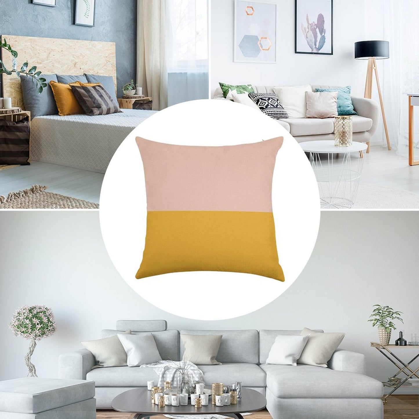 Blush Pink And Mustard Yellow Minimalist Color Block 2 Linen Throw Pillow Cover