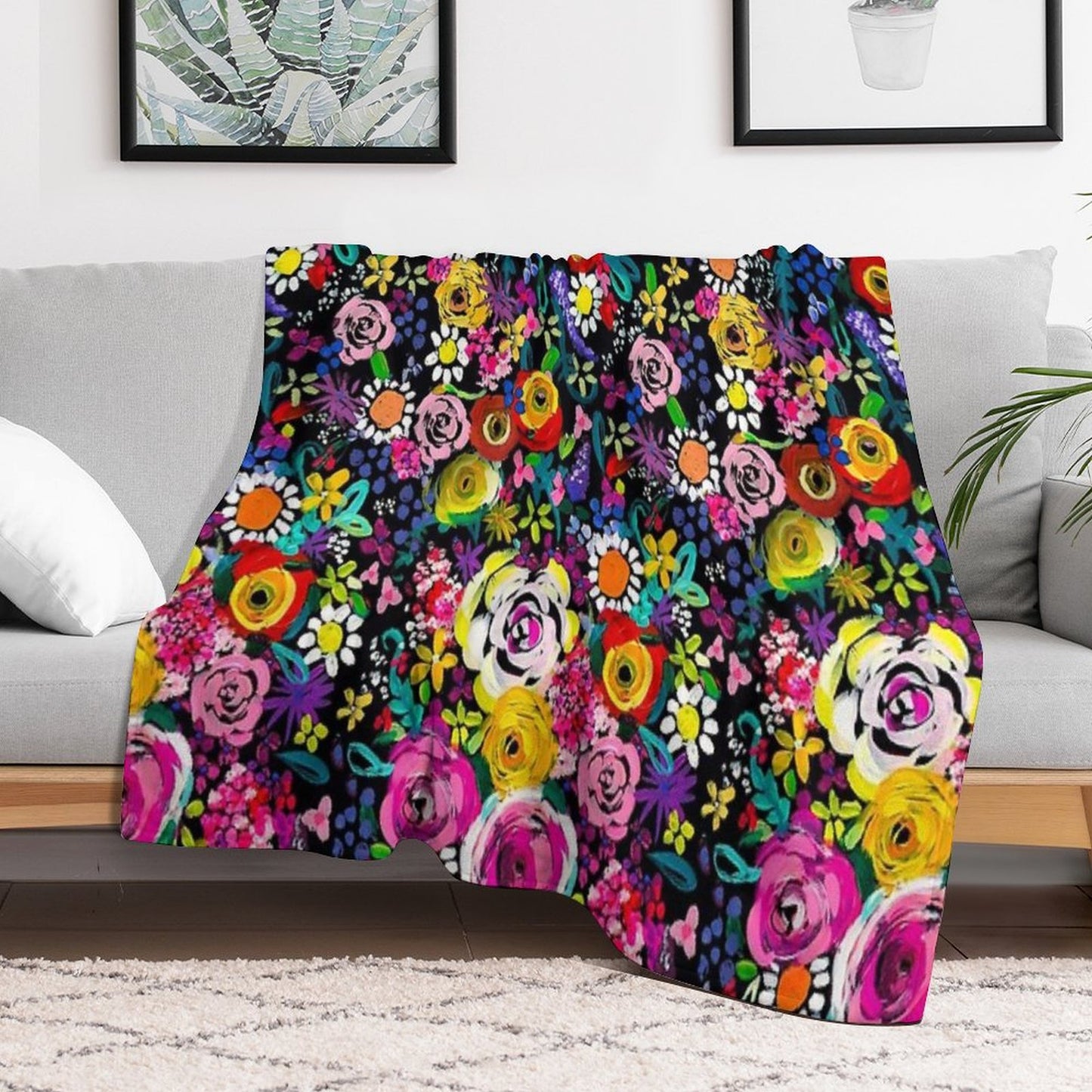 Les Fleurs Vibrant Floral Painting Print Throw Blanket