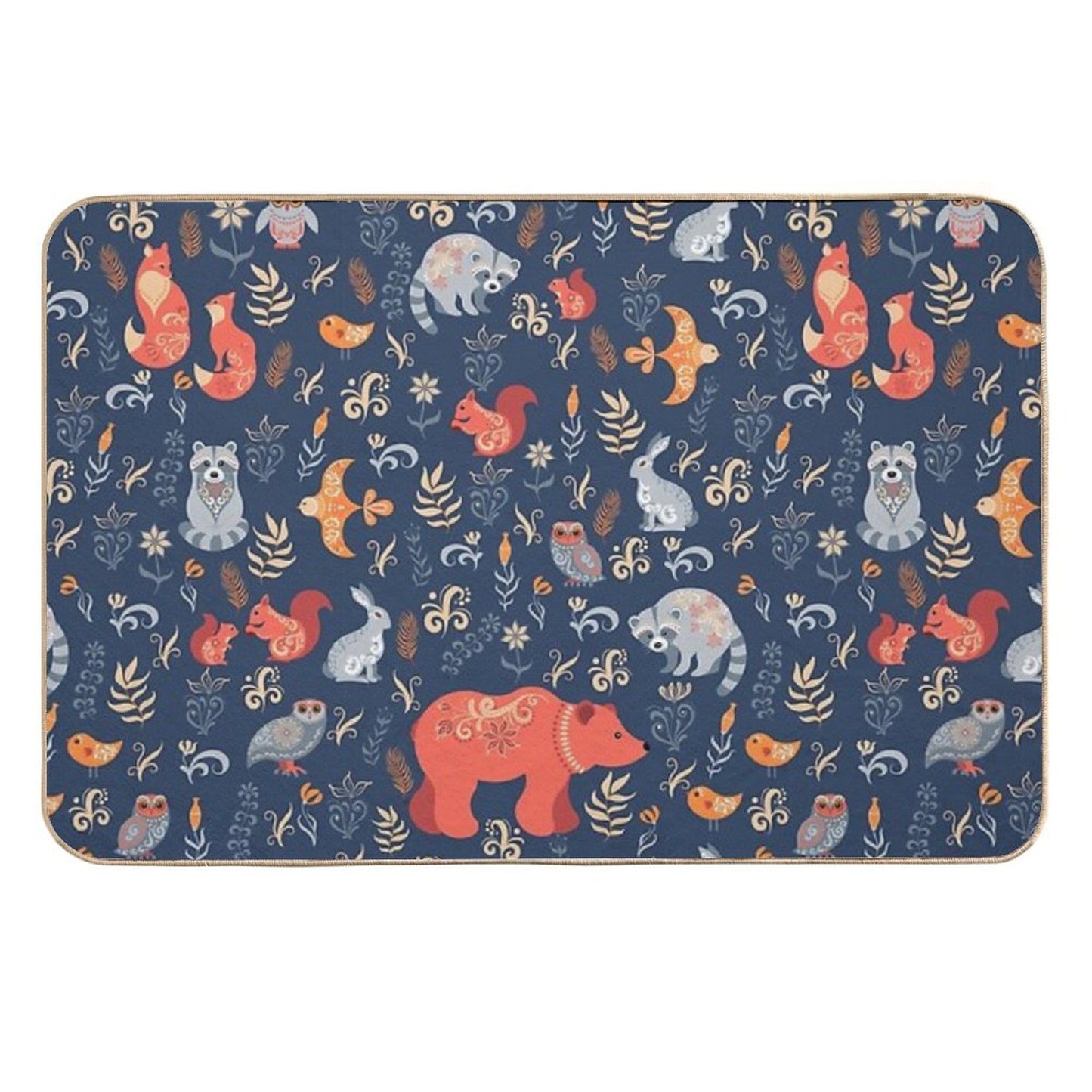 Fairy-tale Forest. Fox, Bear, Raccoon, Owls, Rabbits, Flowers And Herbs on A Blue Background. Stain-Proof Bath Mat