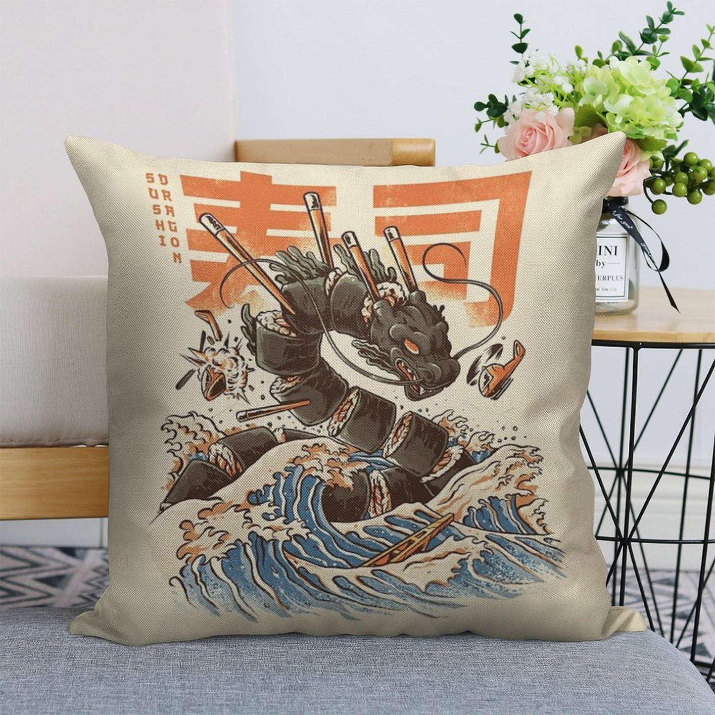 Great Sushi Dragon Linen Throw Pillow Cover