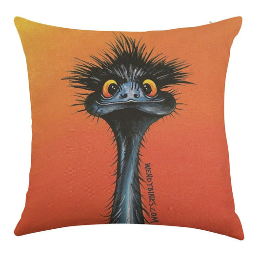 Stunned Emu with Sunset Linen Throw Pillow Cover