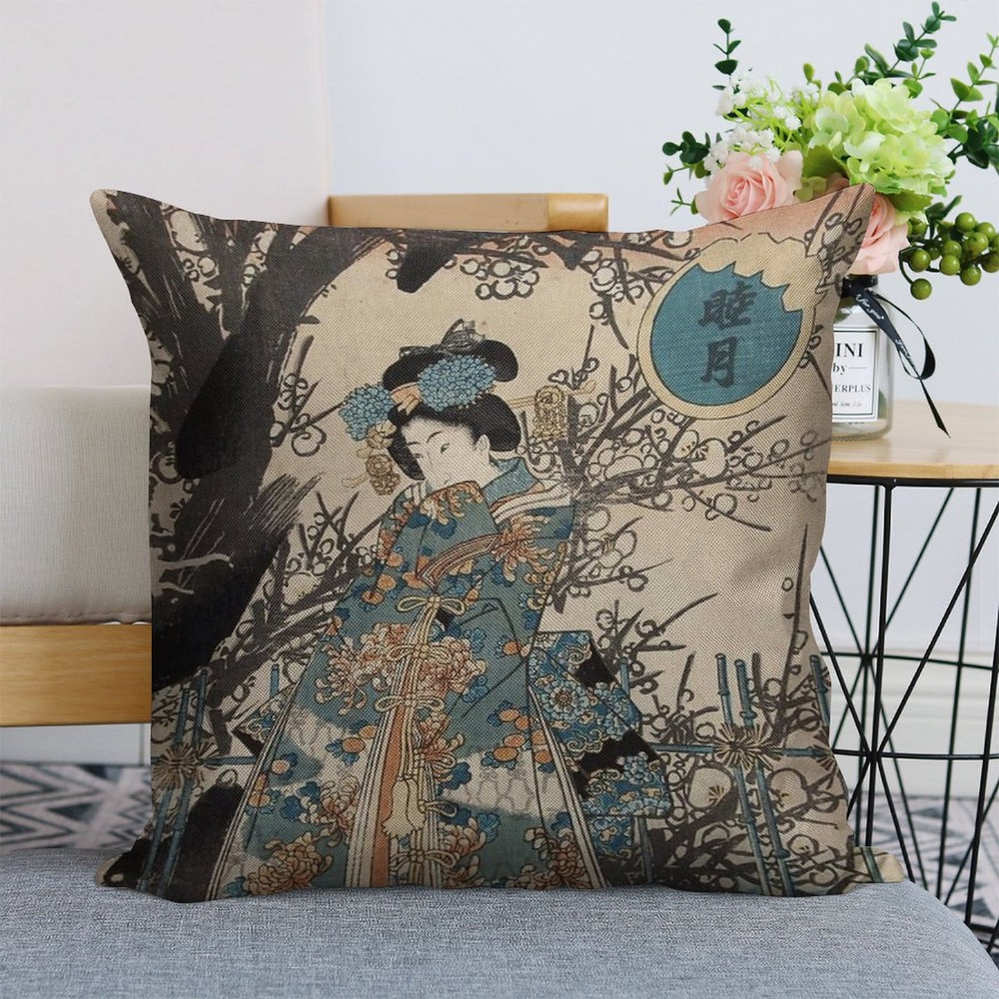 Classic Vintage Ukiyo-e Japanese Art Geisha Portrait Linen Throw Pillow Cover