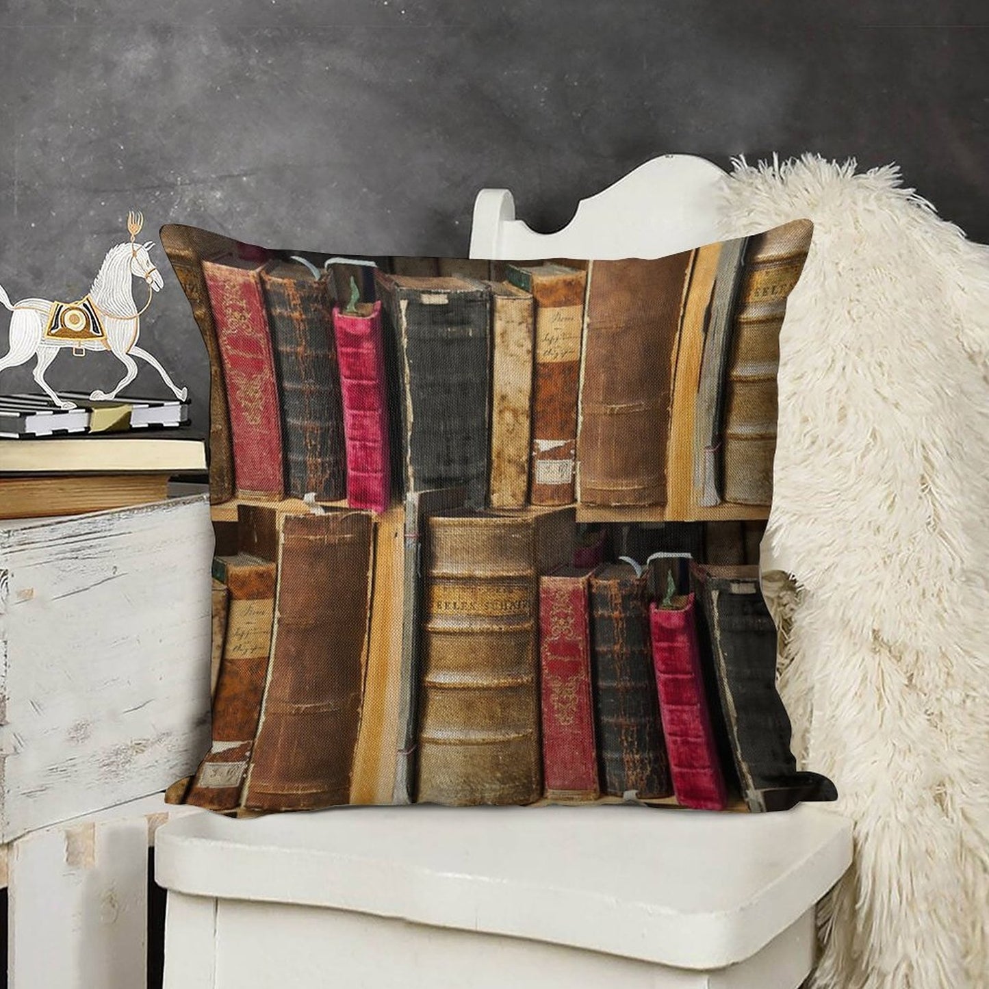 Bookworm Vintage Books in Bookshelf Linen Throw Pillow Cover