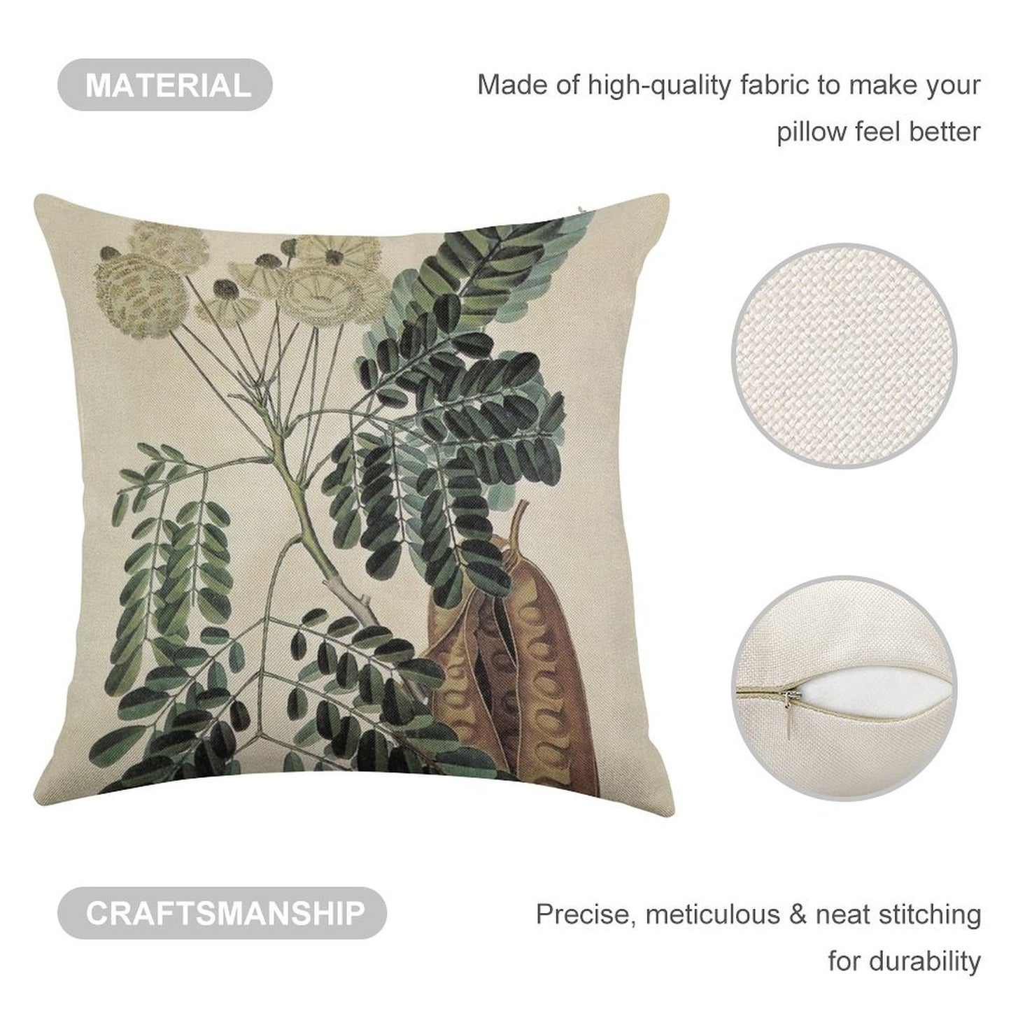 Acacia Vintage Botanical Print Linen Throw Pillow Cover