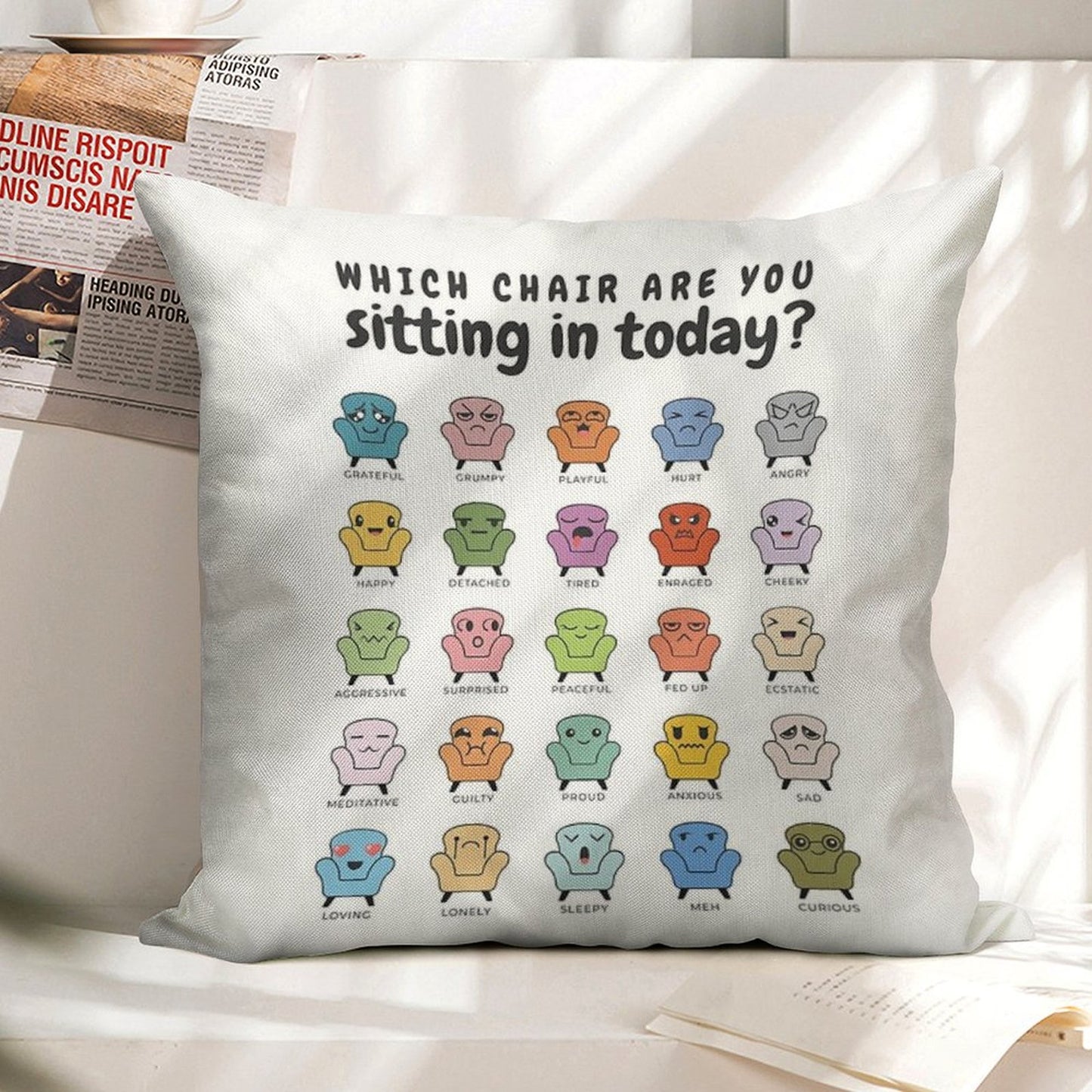 Chair Feelings, Emotions Chart, Mental Health, Therapy Office, Therapist Gift, Counsellor Tools, School Counselor, Mood Chart, S Linen Throw Pillow Cover