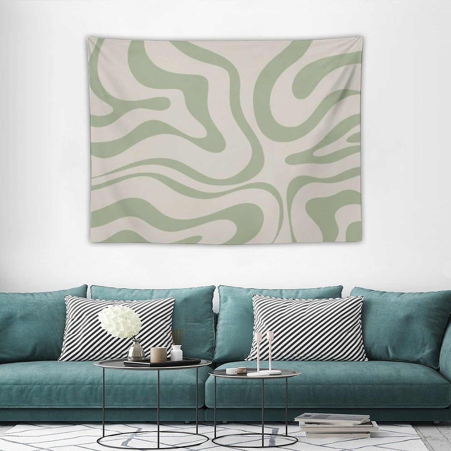 Liquid Swirl Abstract Pattern in Beige And Sage Green Tapestry