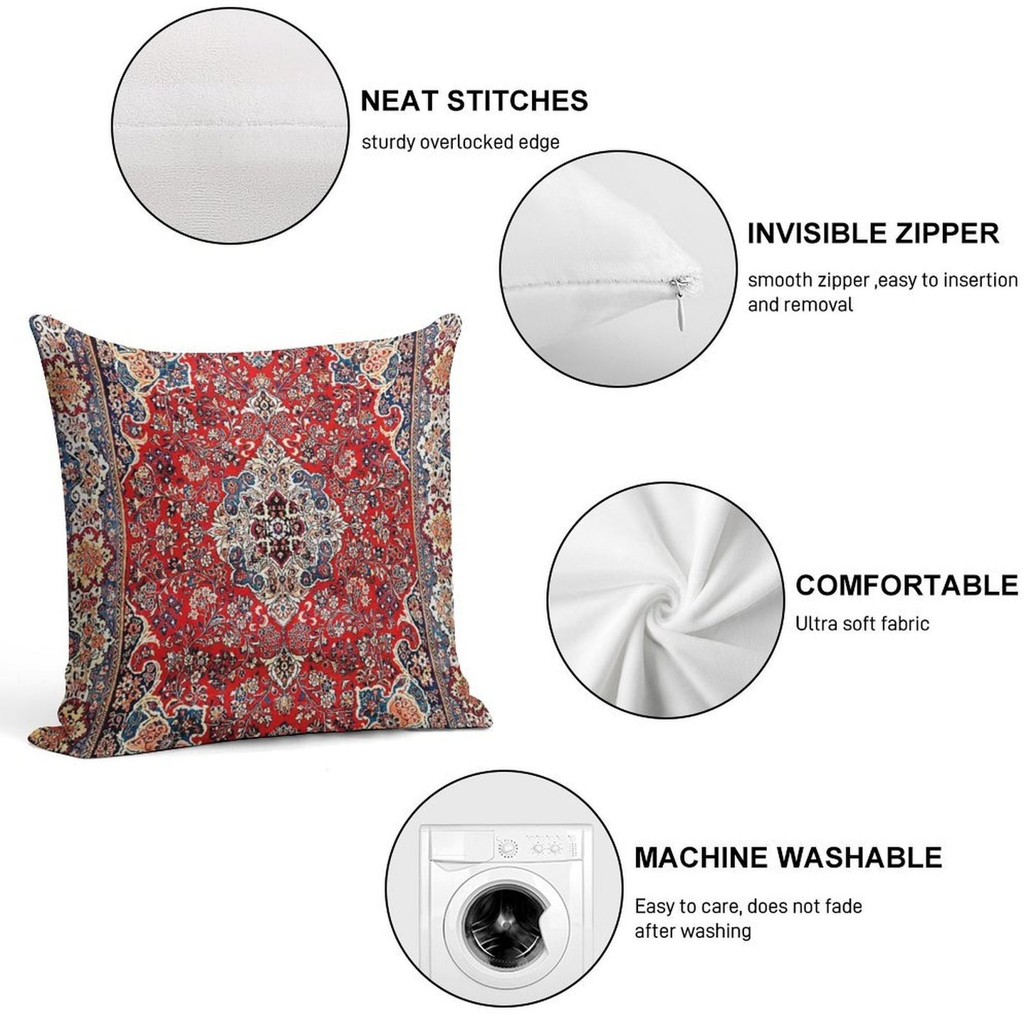 Red Blue Sarouk Persian Carpet Print Soft Durable Construction Throw Pillow