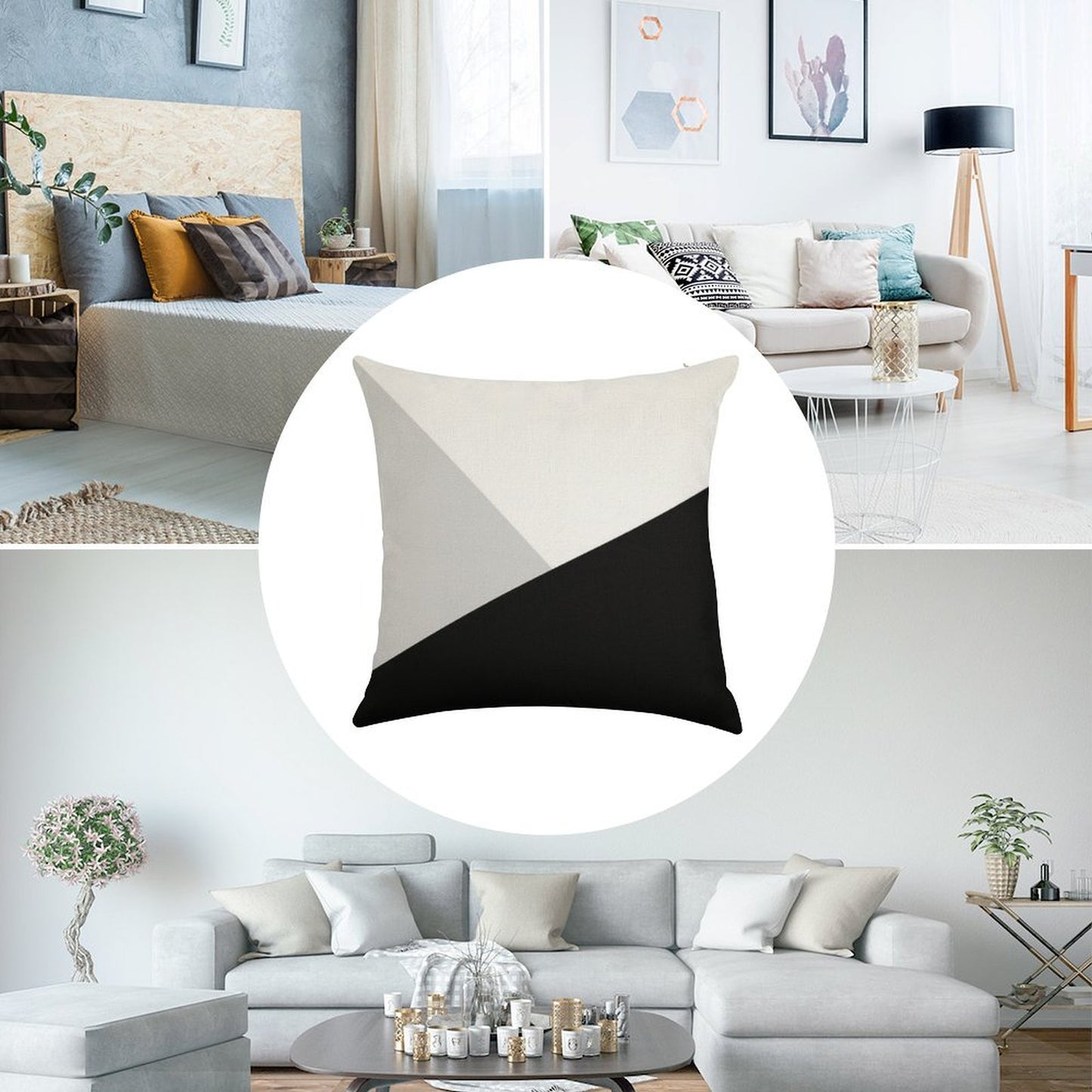 Monochromatic Black White Gray Color Block Linen Throw Pillow Cover