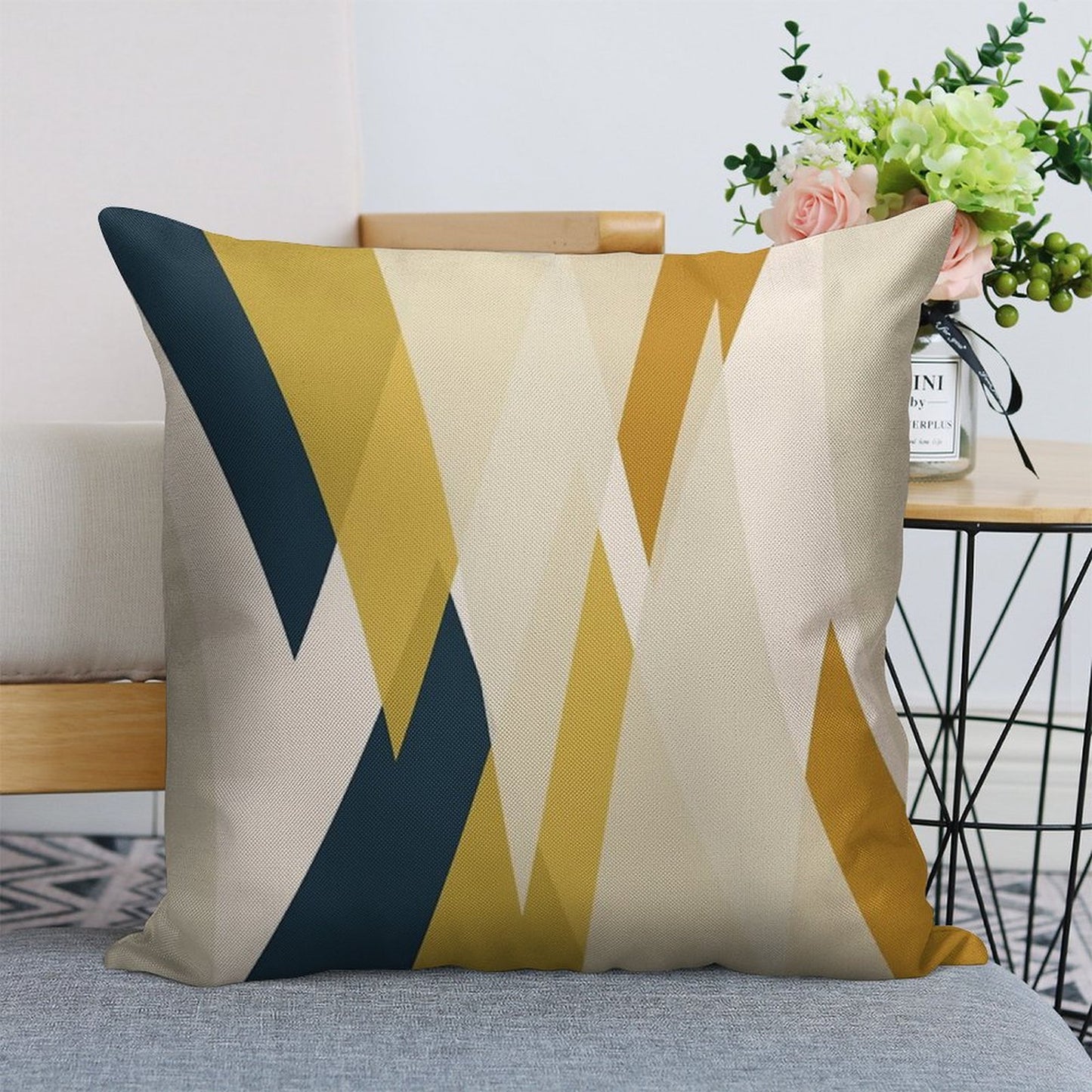Triangular Abstract in Mustard Yellows, Navy Blue, And Blush Tones. Minimalist Geometric Linen Throw Pillow Cover