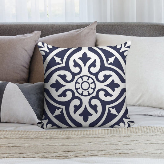 Hamptons Blue And White Moroccan Talavera Tile Soft Short Plush Fabric Throw Pillow