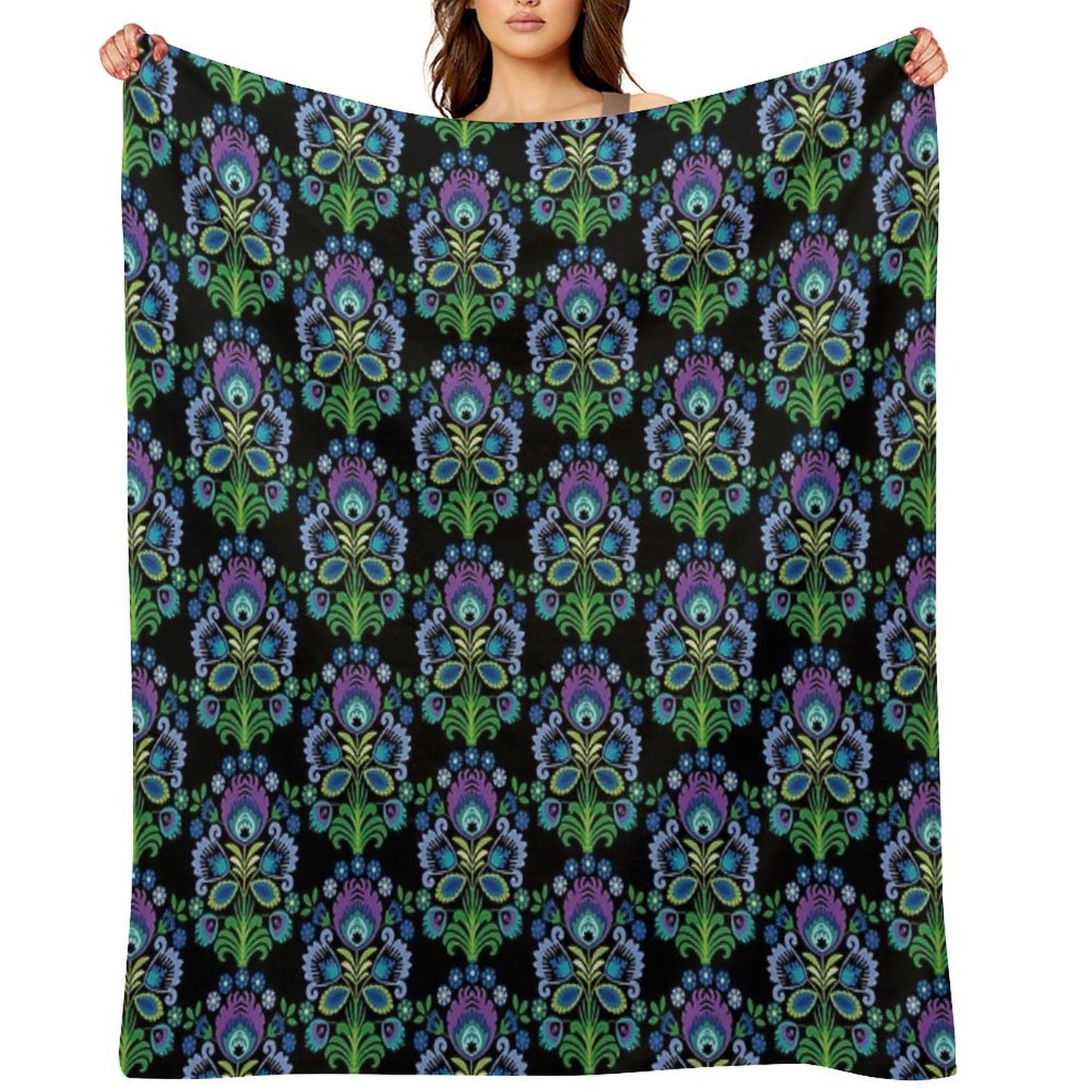 Polish Folk Flowers Purple on Black Throw Blanket