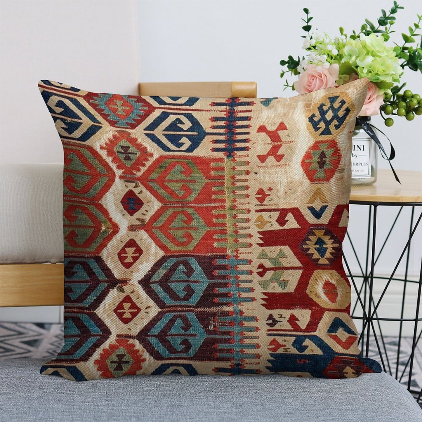 Aksaray Tribal Antique Turkish Kilim Print Linen Throw Pillow Cover