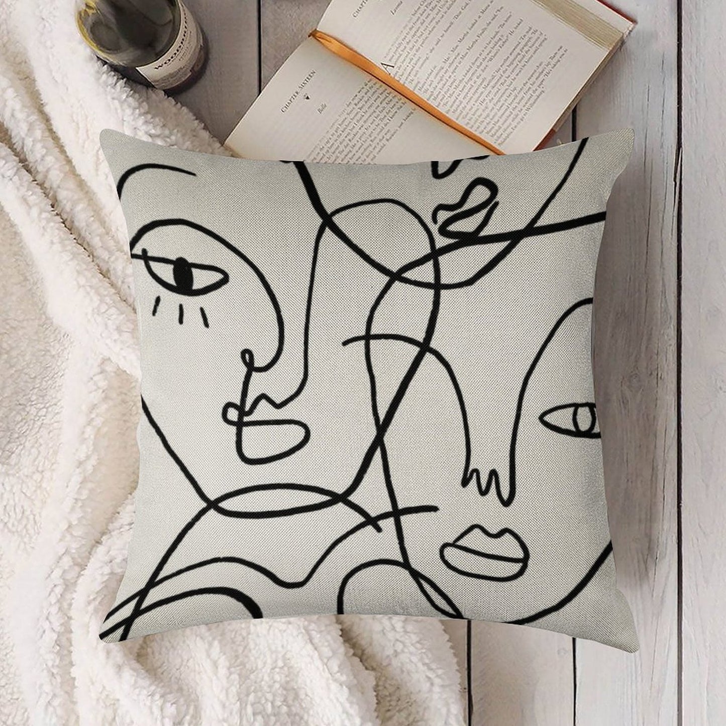 Abstract Faces Linen Throw Pillow Cover