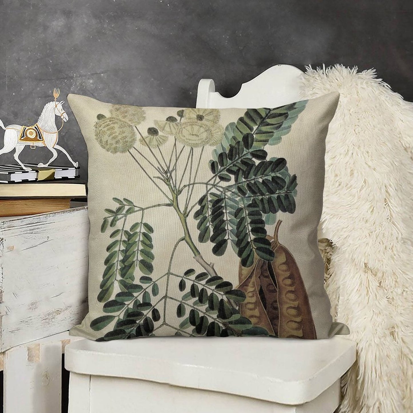 Acacia Vintage Botanical Print Linen Throw Pillow Cover