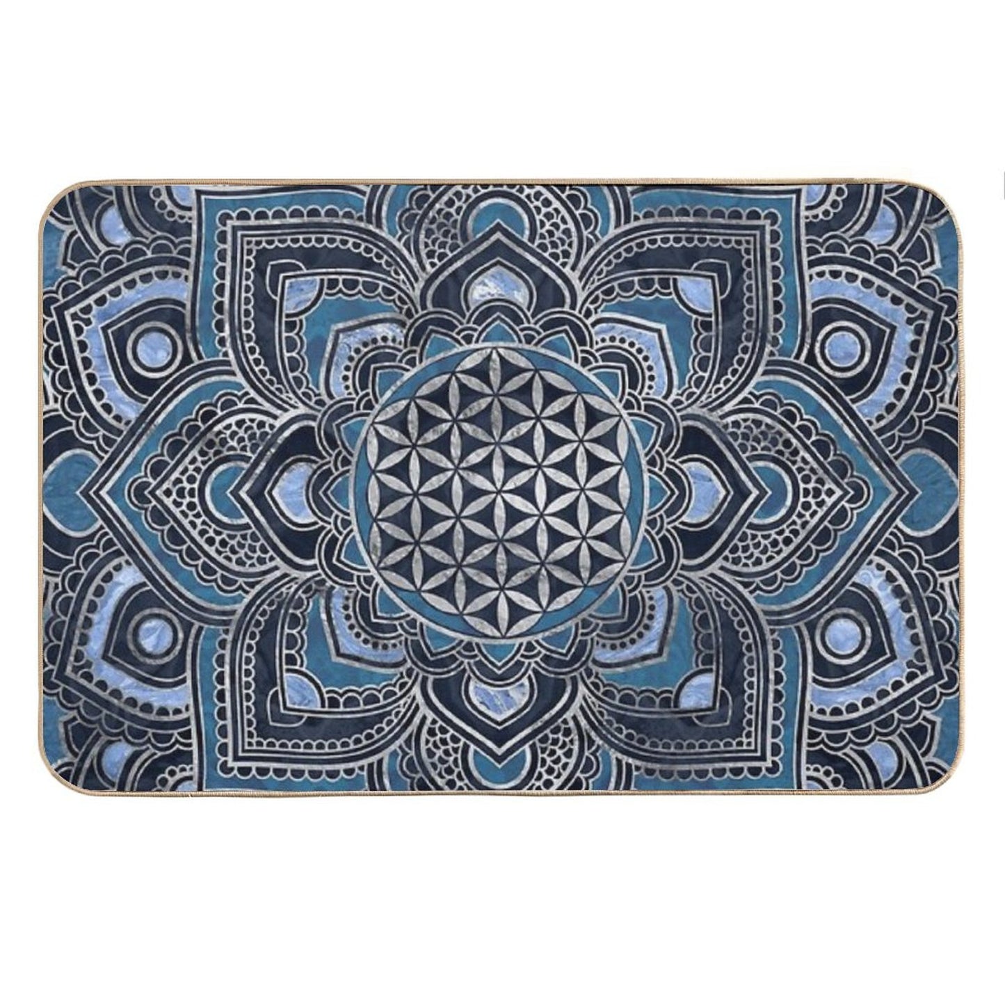 Flower of Life in Lotus Mandala - Blue Crystal And Silver Bath Mat