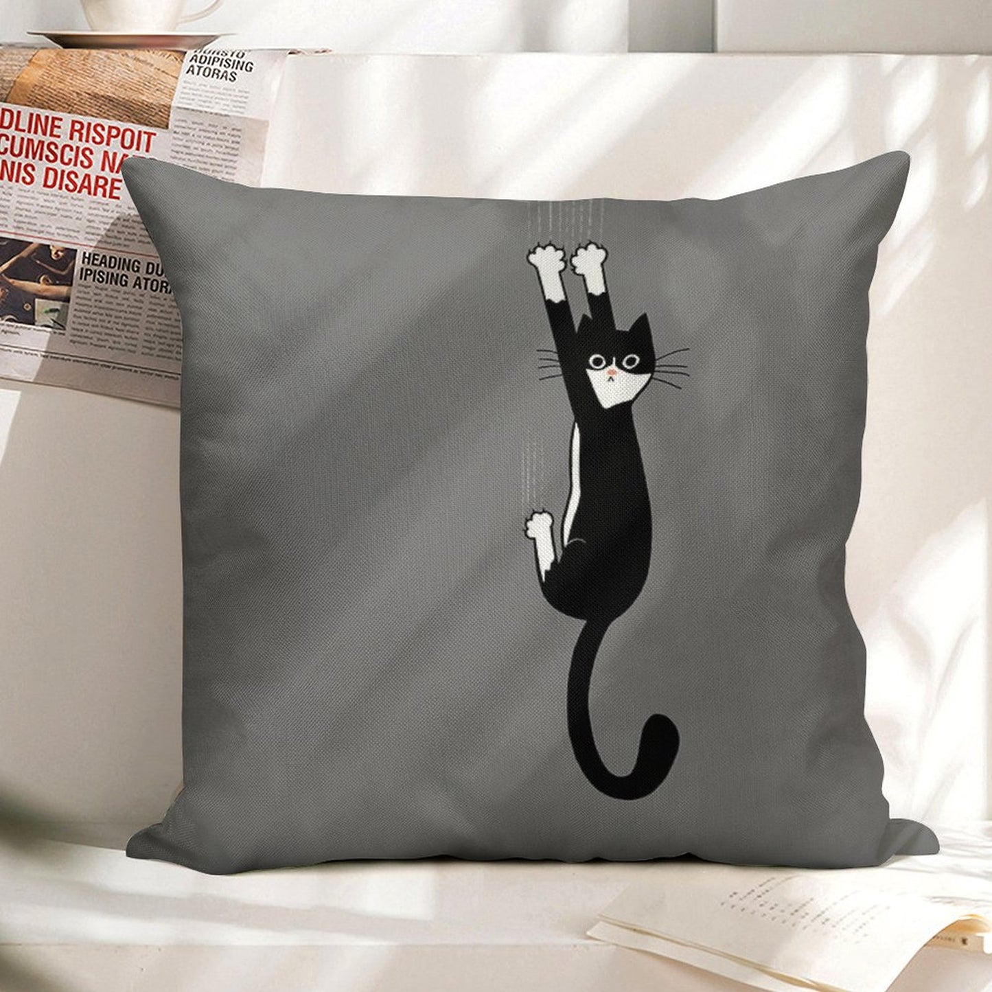 Black And White Cat Hanging On  Funny Tuxedo Cat Linen Throw Pillow Cover