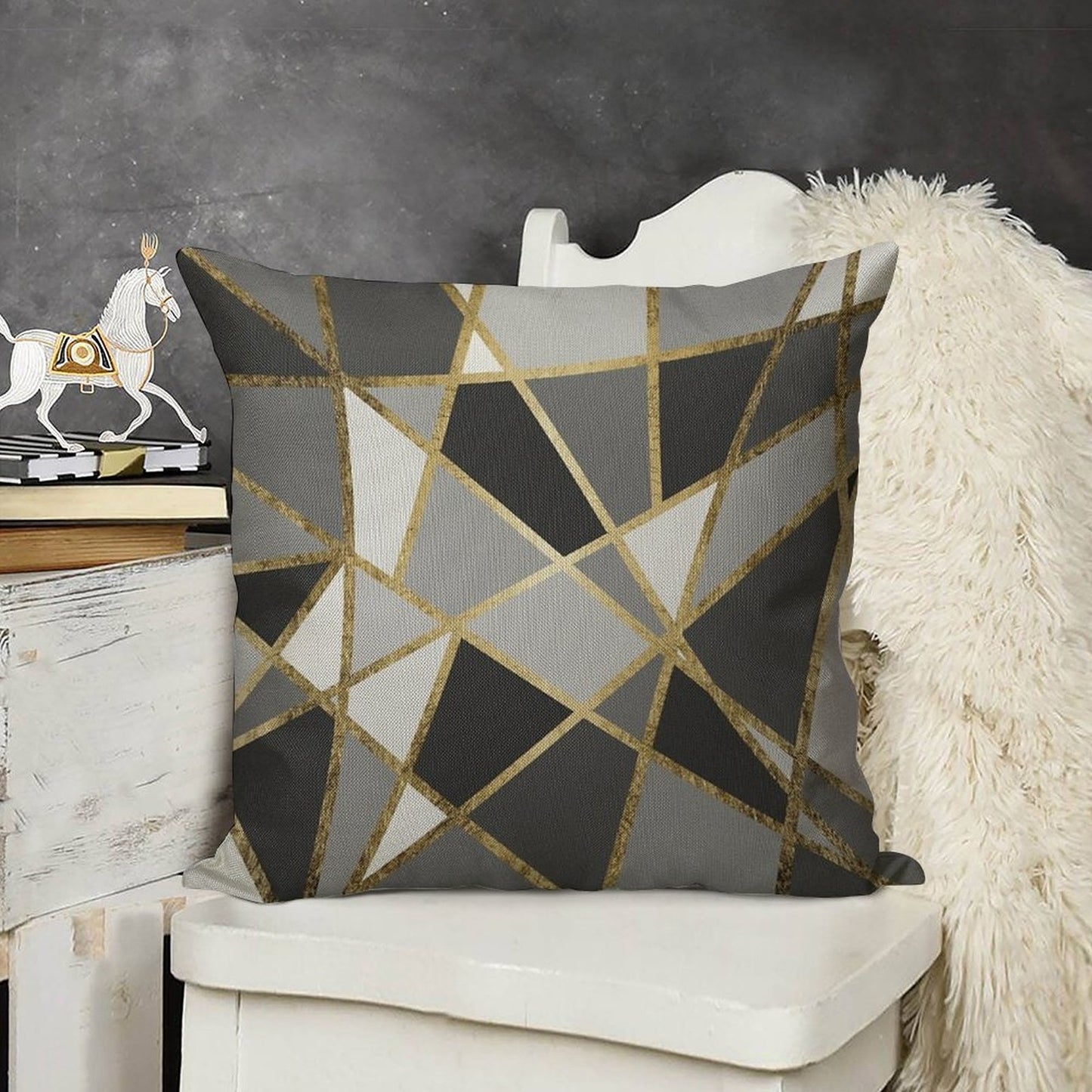 Black & Gray Modern Geo Gold Triangles Linen Throw Pillow Cover