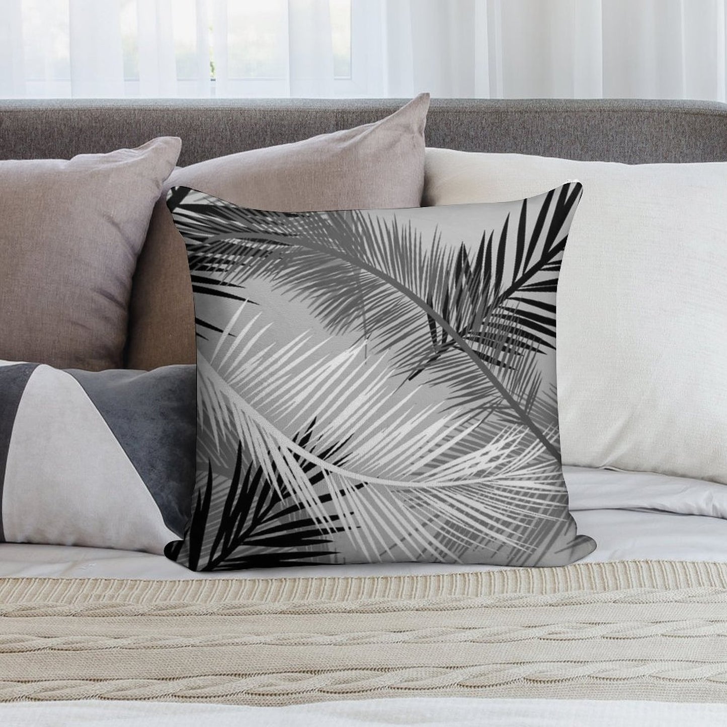 Palm Leaf Print, Gray, Black And White Soft Luxury Feel Throw Pillow