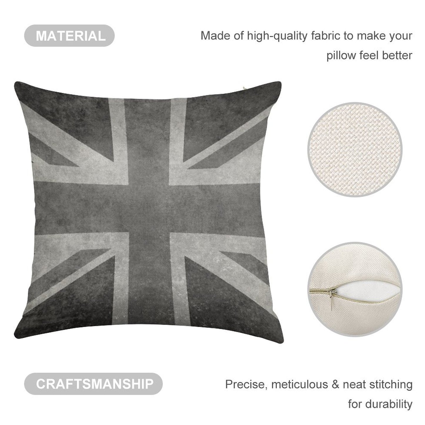 Union Jack Vintage 35 Version in Grayscale Linen Throw Pillow Cover