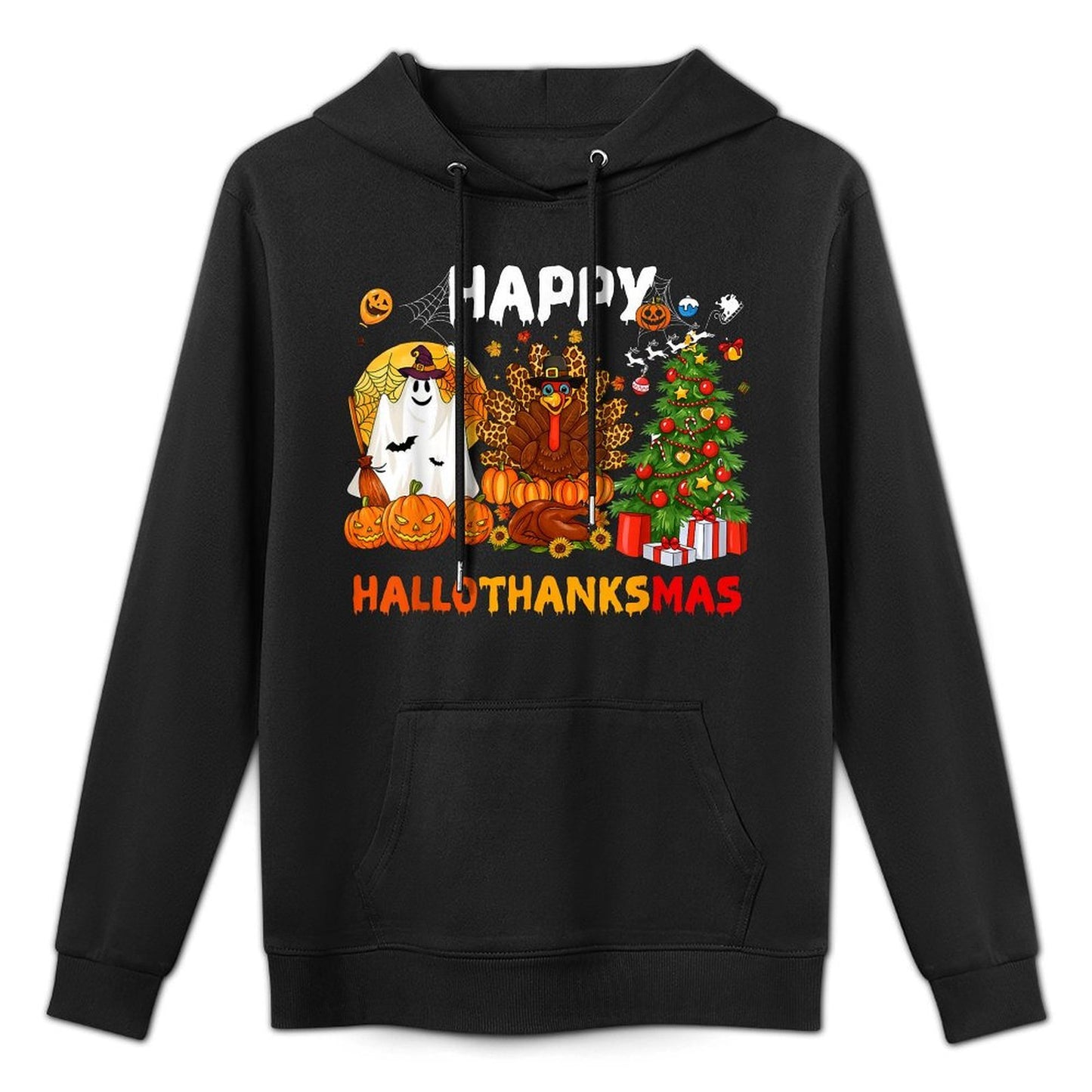 Retro Happy Hallothanksmas Halloween Thanksgiving Christmas Medium-Weight Fabric Hoodie