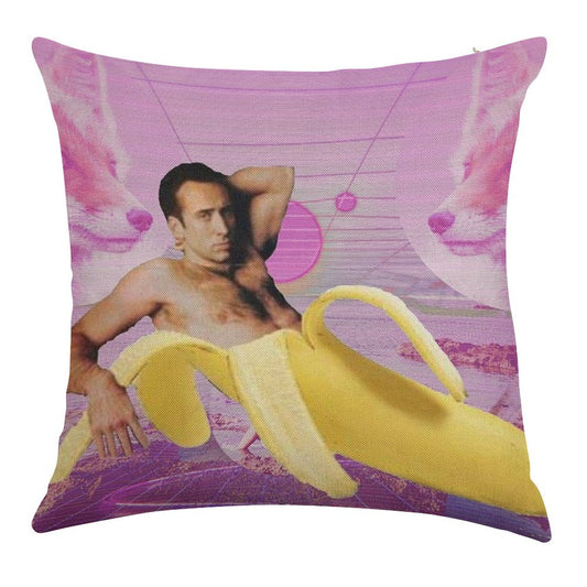 Nicholas Cage Banana Vaporwave Linen Throw Pillow Cover