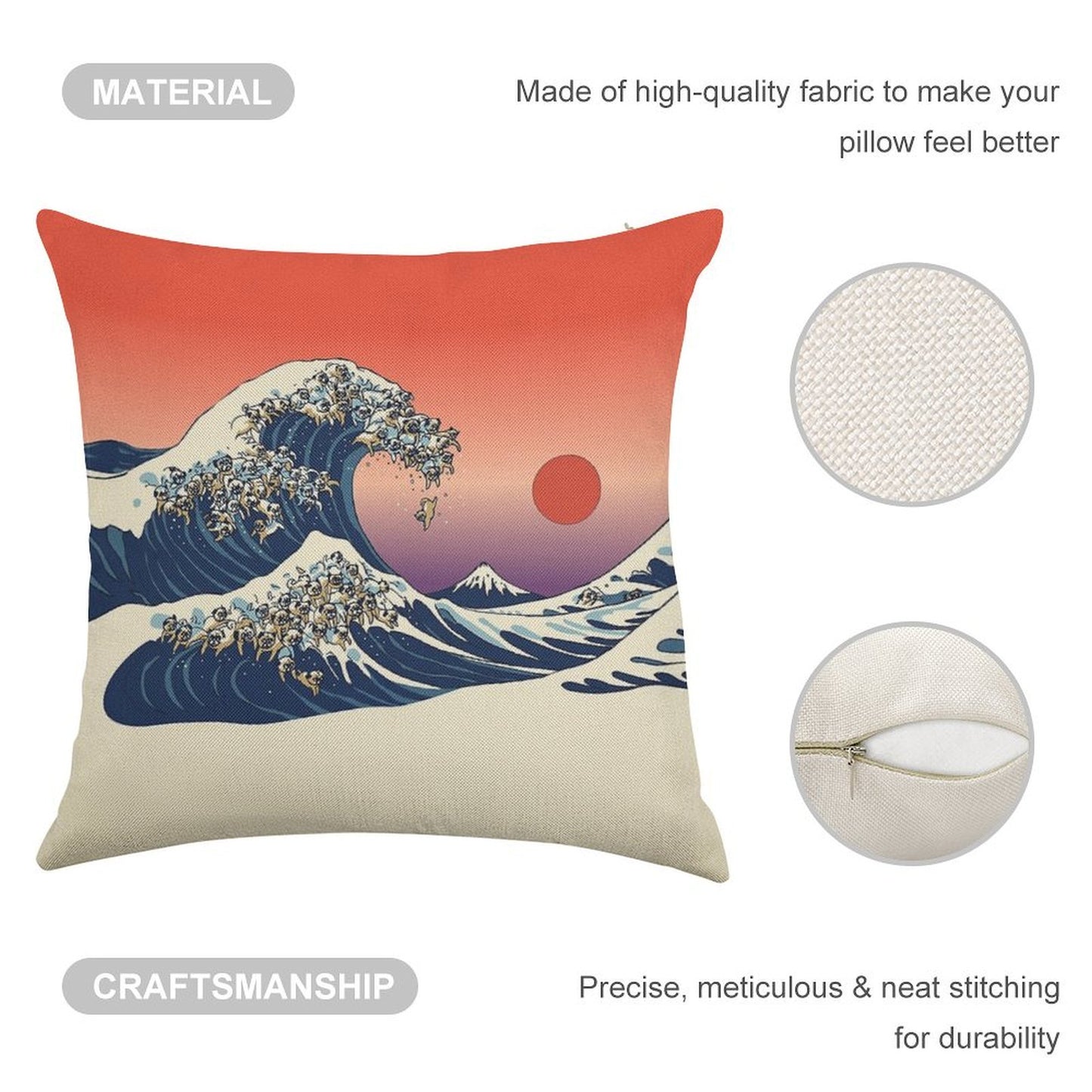 The Great Wave of Pug Linen Throw Pillow Cover