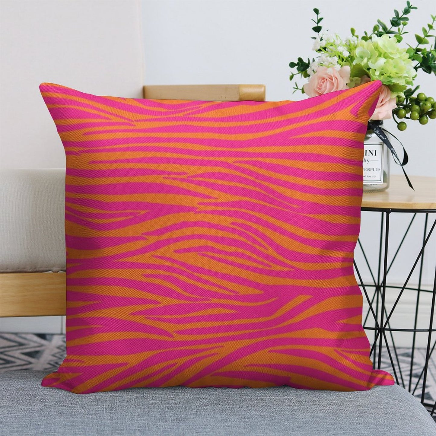 Pink And Orange Zebra Stripes Linen Throw Pillow Cover
