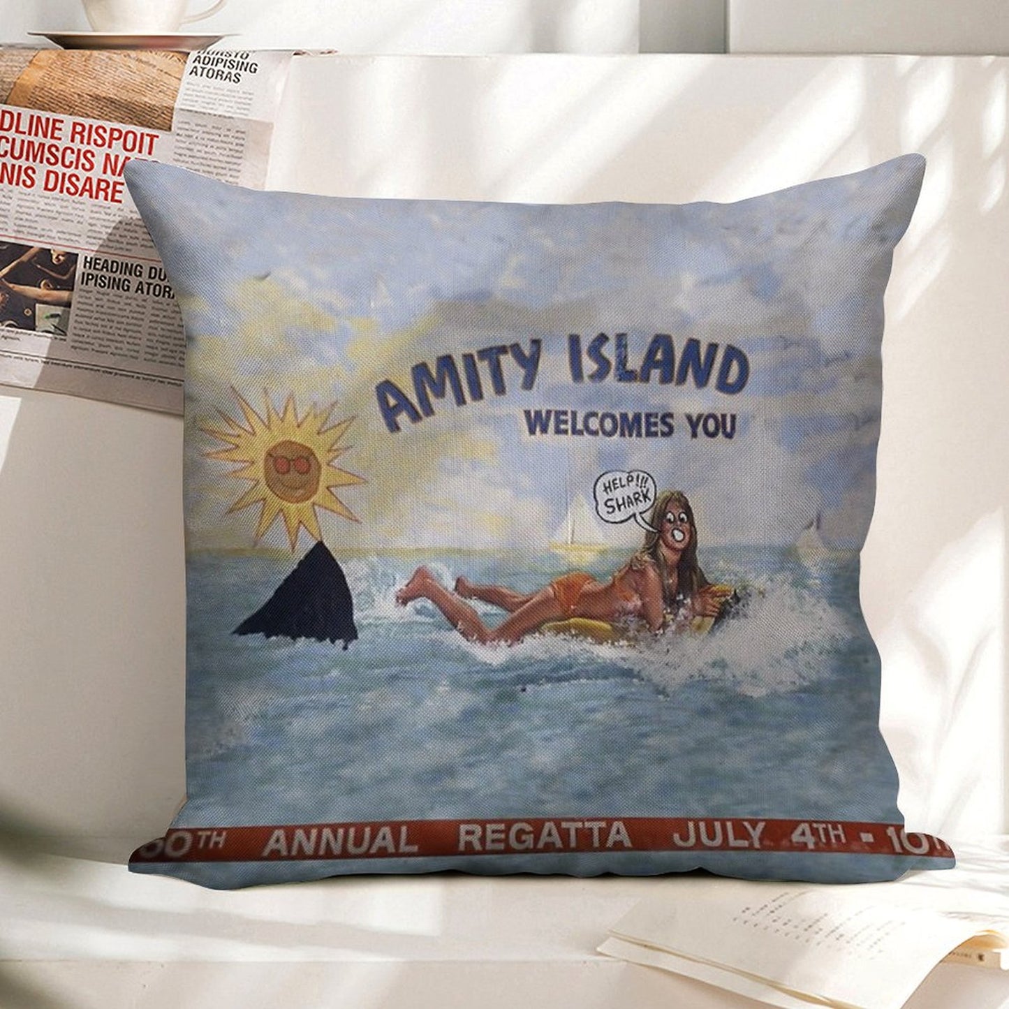 Welcome To Amity Island Linen Throw Pillow Cover