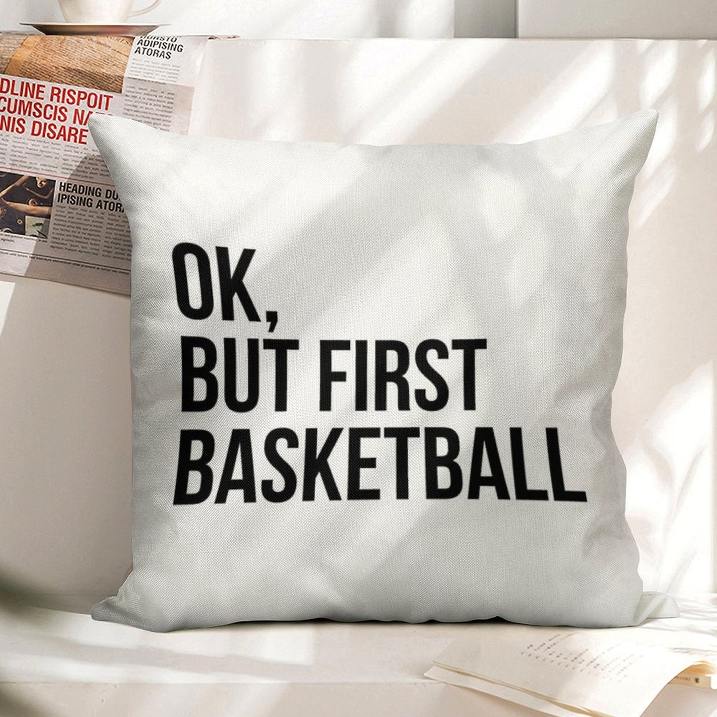 BUT FIRST BASKETBALL Linen Throw Pillow Cover