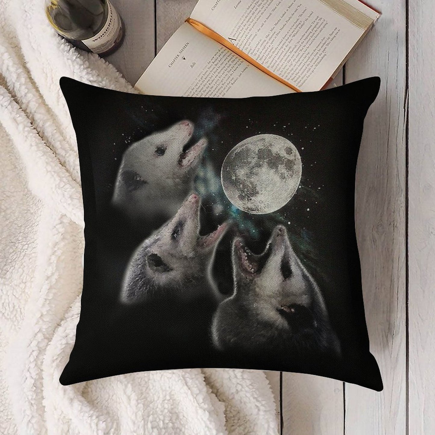 3 Opossum Moon Linen Throw Pillow Cover