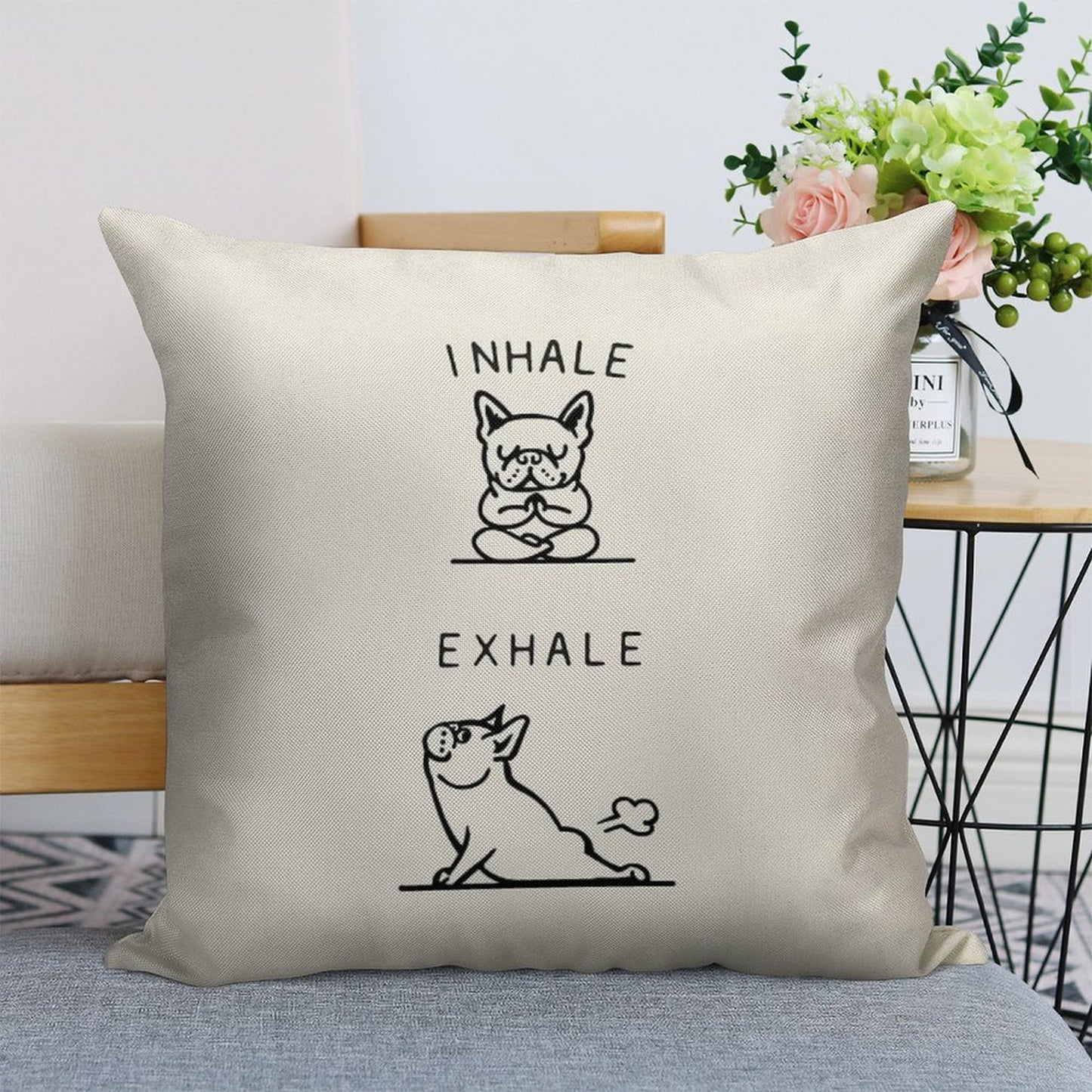 Inhale Exhale Frenchie Linen Throw Pillow Cover