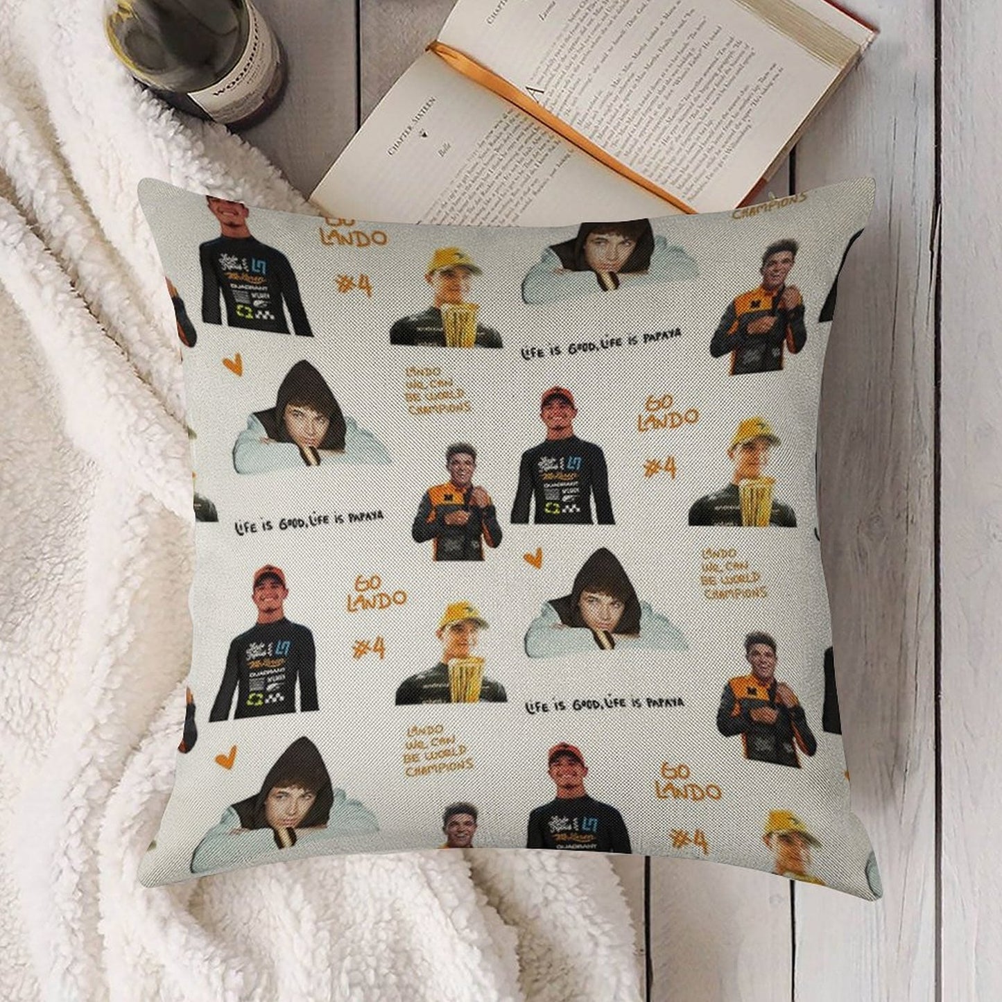 Lando Norris Illustrated Stickers Linen Throw Pillow Cover
