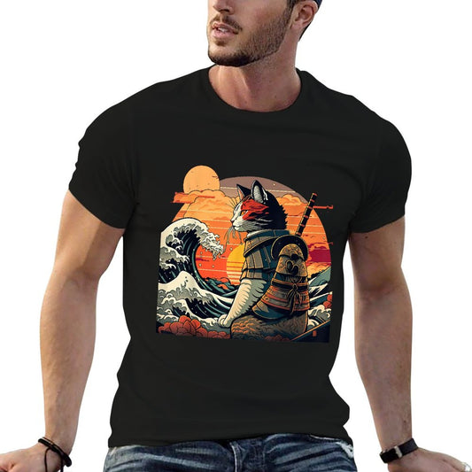 Japanese Retro Samurai Cat The Great Wave by Hokusai T-Shirt