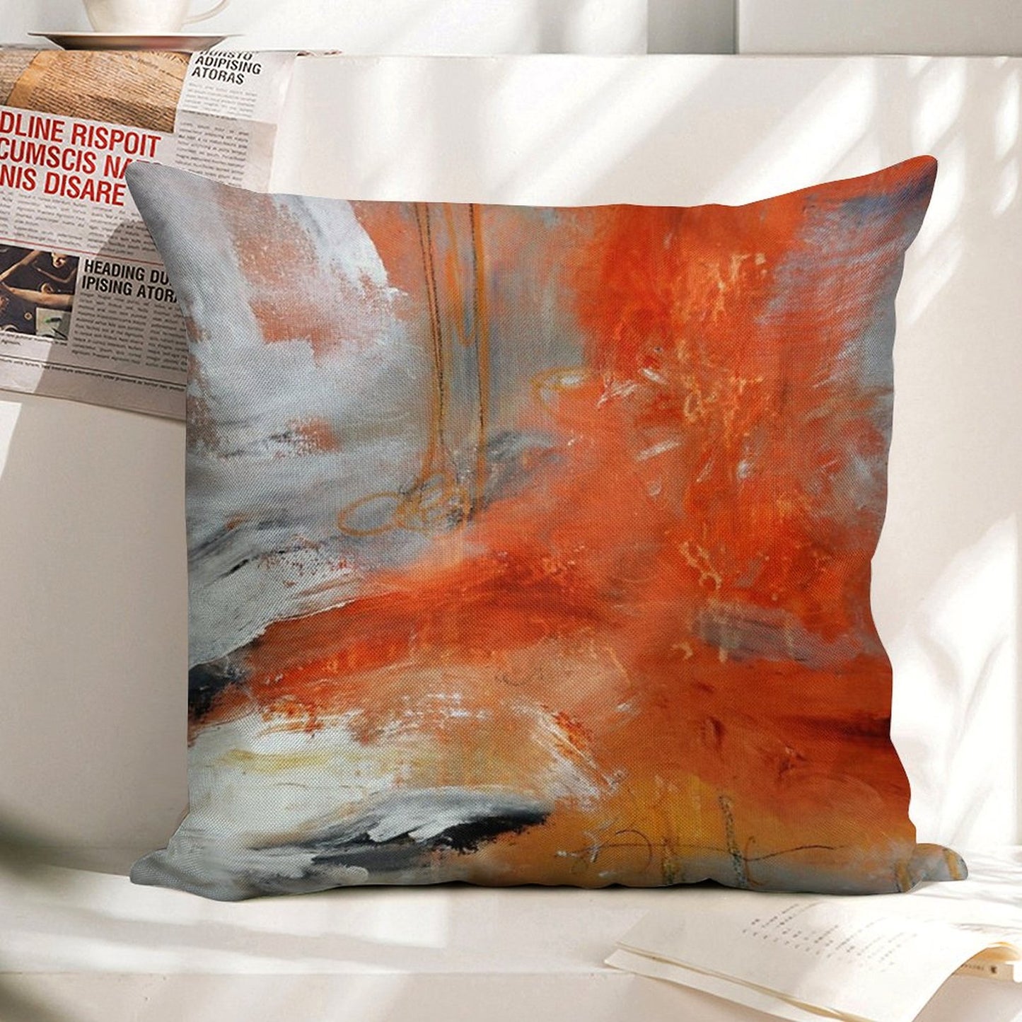 Red Orange Abstract Print Linen Throw Pillow Cover