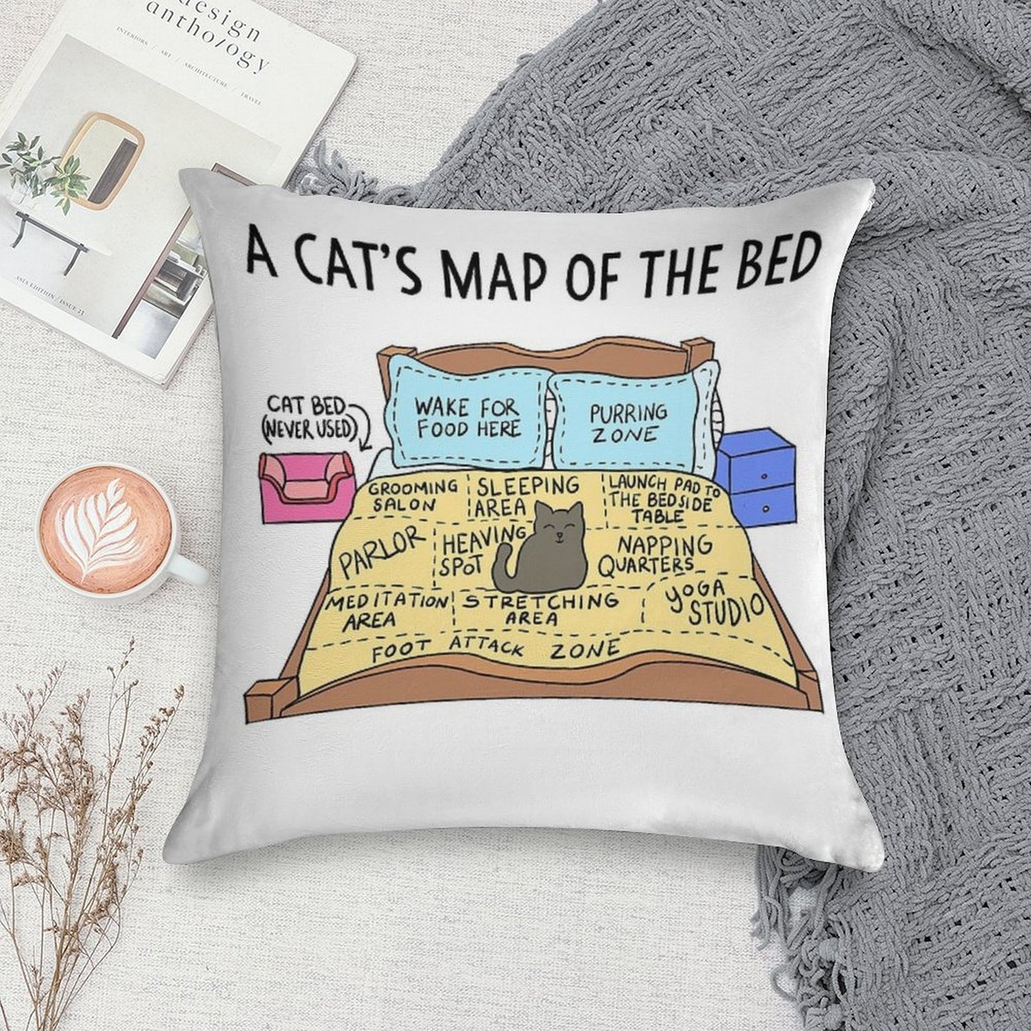 Cats Map of The Bed Funny Cat Gift for Cat Owner Soft Anti-Pilling Throw Pillow