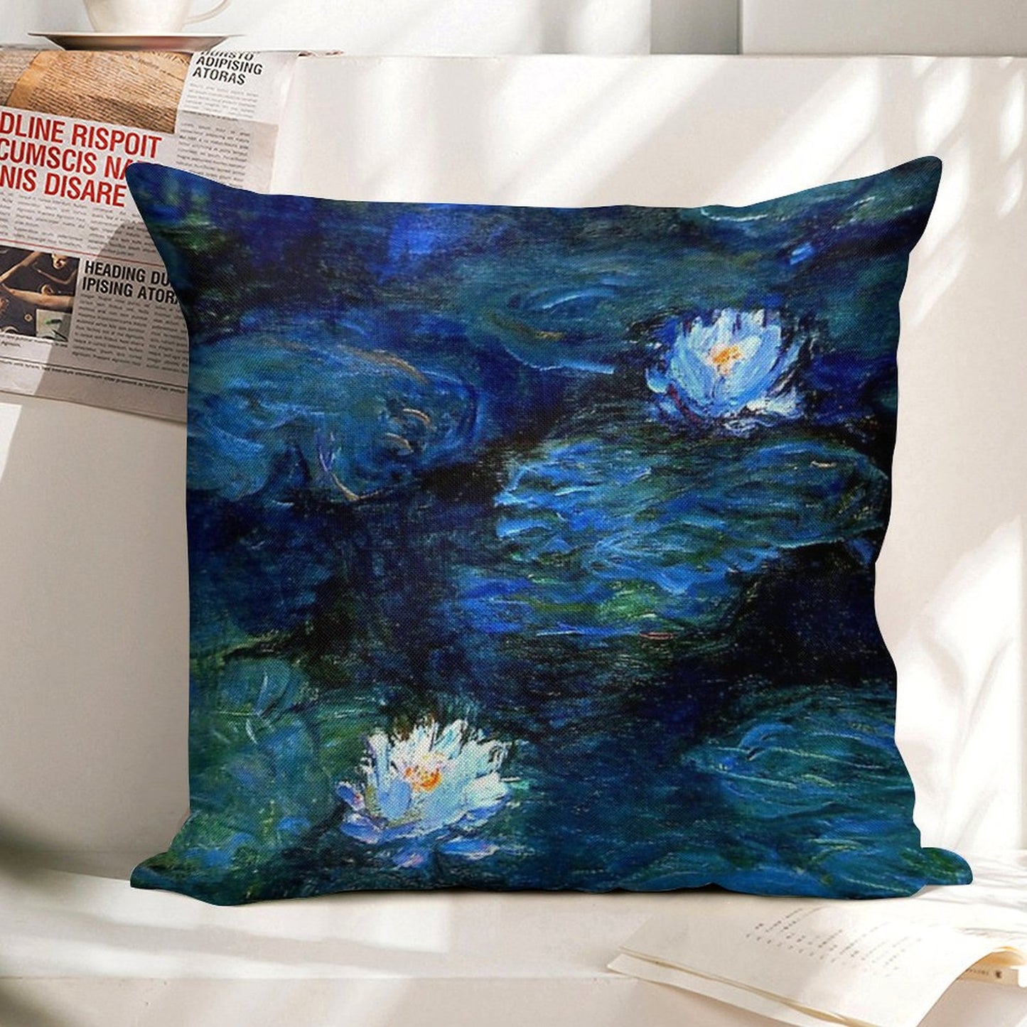 Water Lilies Monet Deep Blue Linen Throw Pillow Cover