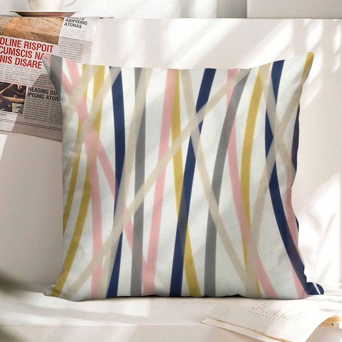 Ribbon Abstract in Mustard Yellow, Blush Pink, Navy Blue, Grey, Almond, And White. Minimalist Modern Linen Throw Pillow Cover