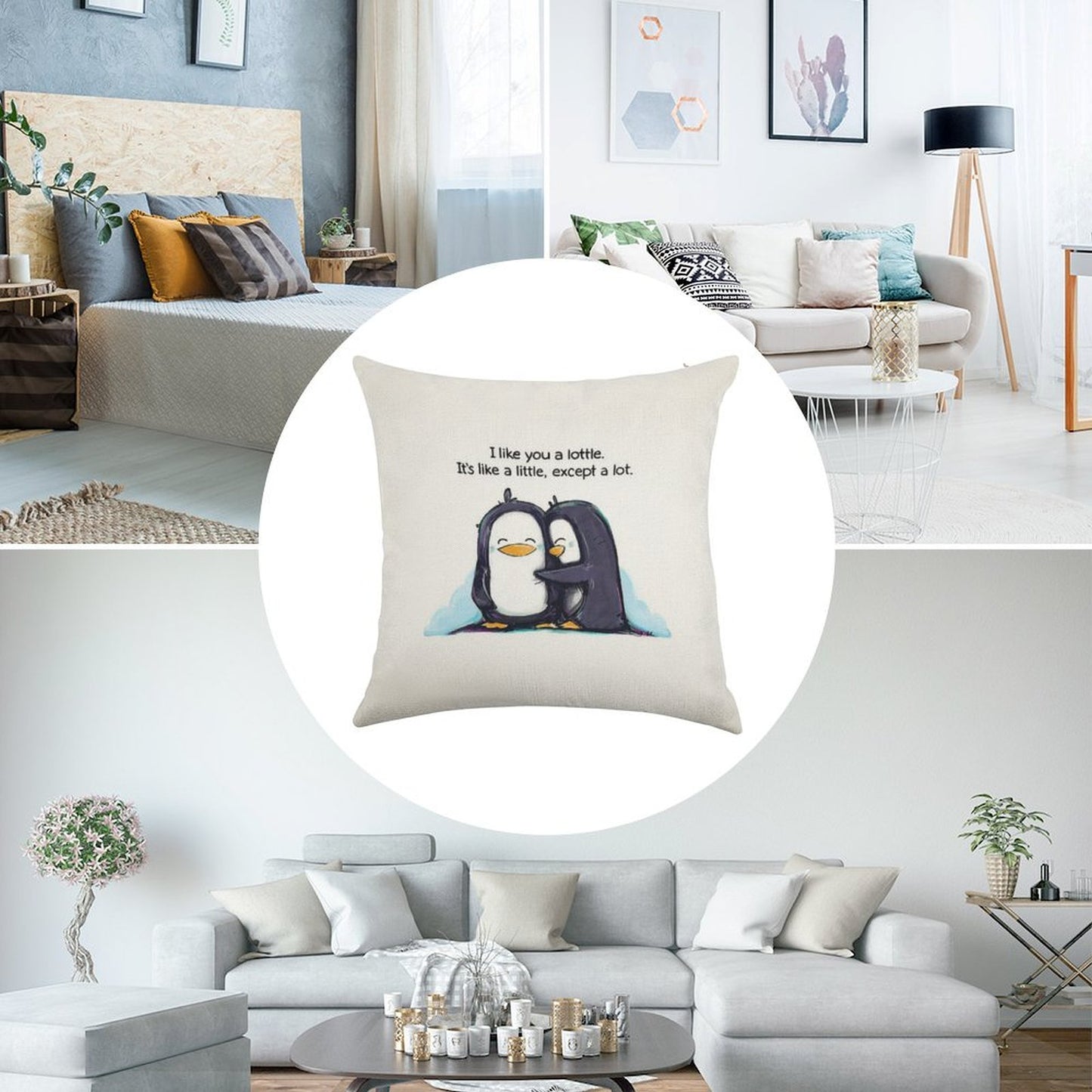 I Like You A Lottle Penguins Linen Throw Pillow Cover