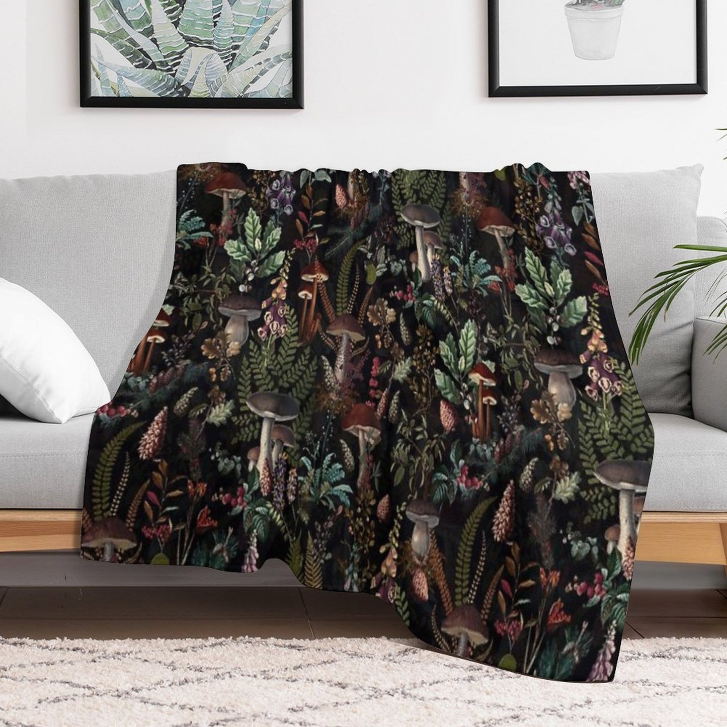Vintage Mysterious Mushrooms Forest Botanical Botanical Night Garden Pattern NightGarden Throw Blanket