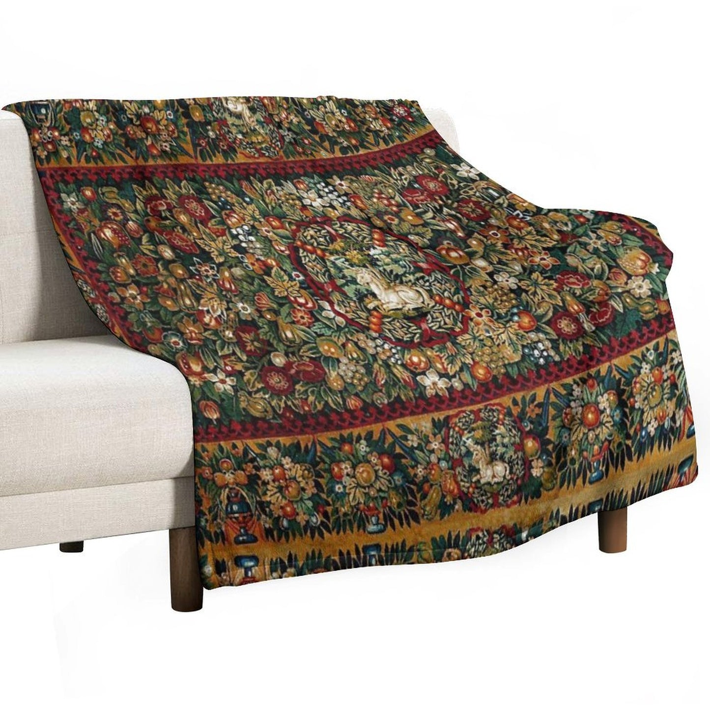 Medieval Unicorn Floral Tapestry Throw Blanket