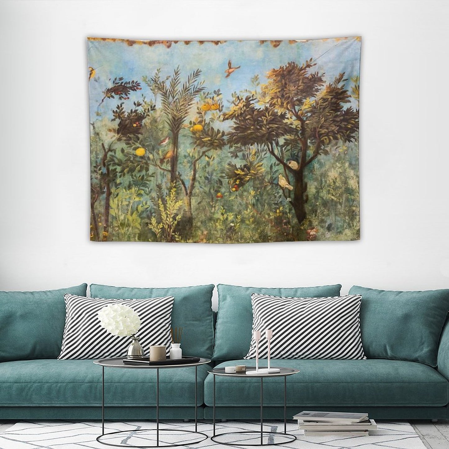 ANTIQUE ROMAN WALL PAINTING Flower Garden Flying Birds ,Quince And Apple Trees Tapestry