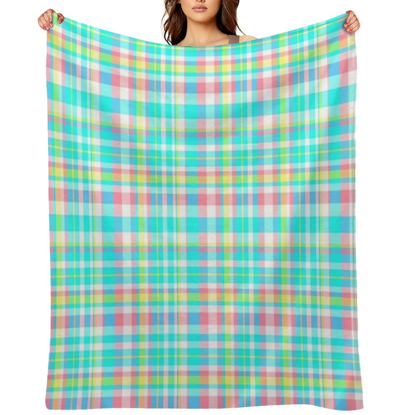 Pastel Aqua Blue Pink Yellow Plaid Spring Preppy Throw Blanket